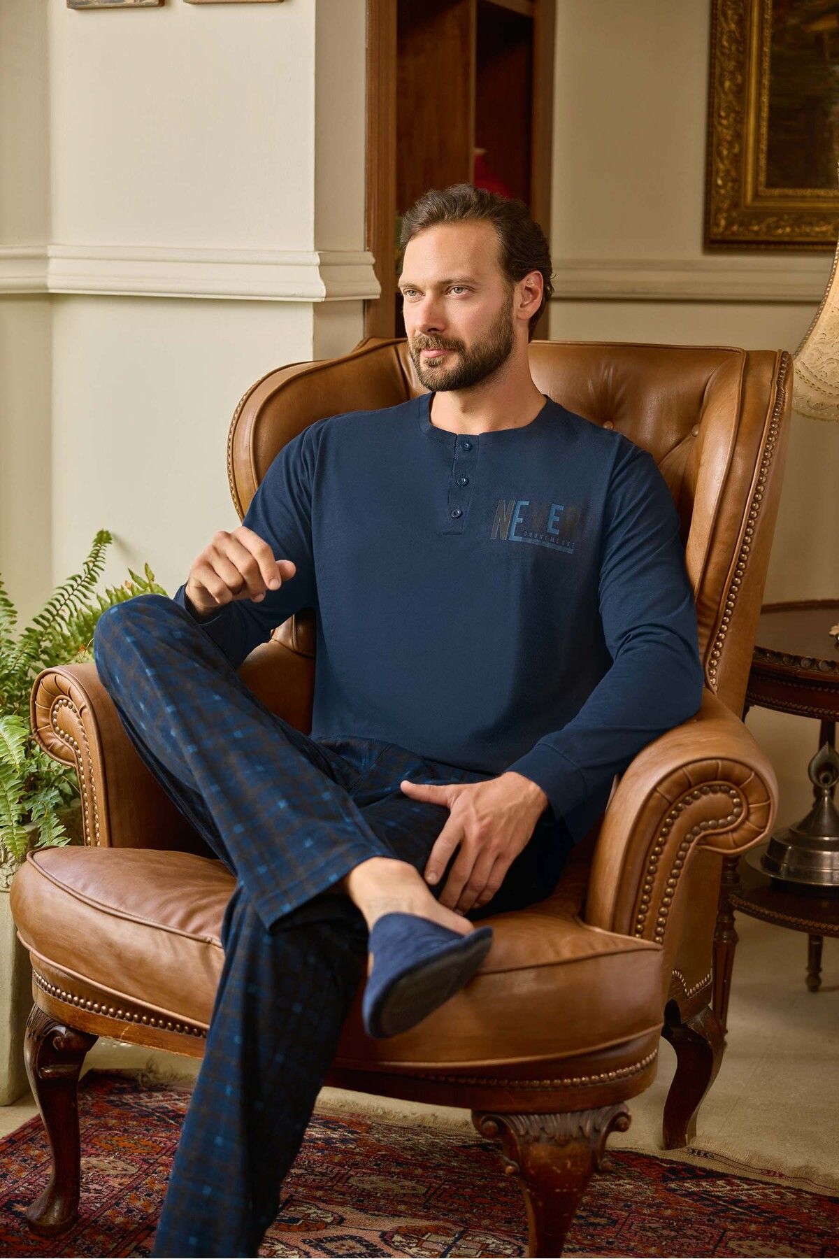 Aydoğan Erkek Süprem Yarım Düğmeli Uzun Kollu %100 Pamuk Lacivert Renk Pijama Takımı 240796