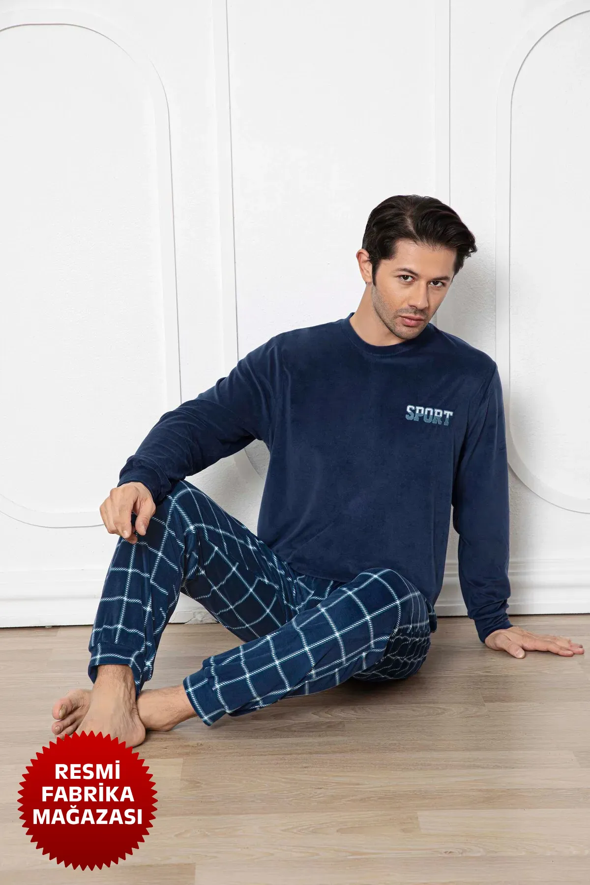 Aydoğan Lacivert Erkek Kadife Kışlık Pijama Takımı Bisiklet Yaka Uzun Kol LACİVERT-L