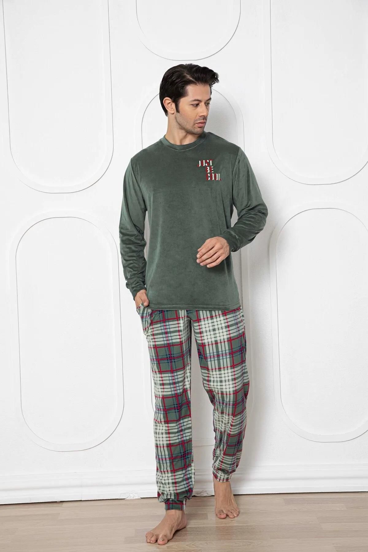 Aydoğan Yeşil Erkek Kadife Kışlık Pijama Takımı Bisiklet Yaka Uzun Kol YEŞİL-3106-M
