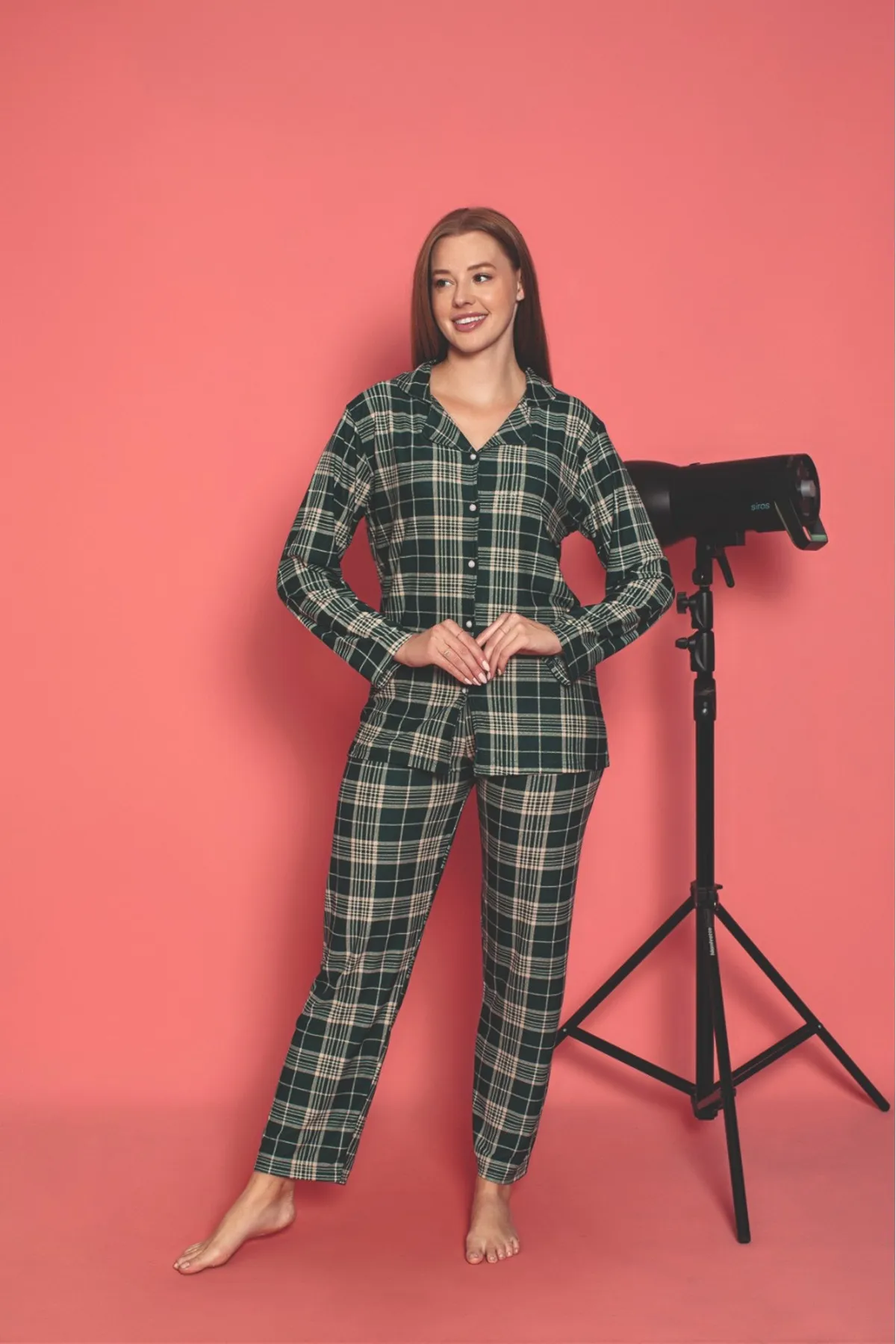 Ekose Önden Düğmeli Kadın Pijama Takımı Süet Kumaş HAKİ-2XL