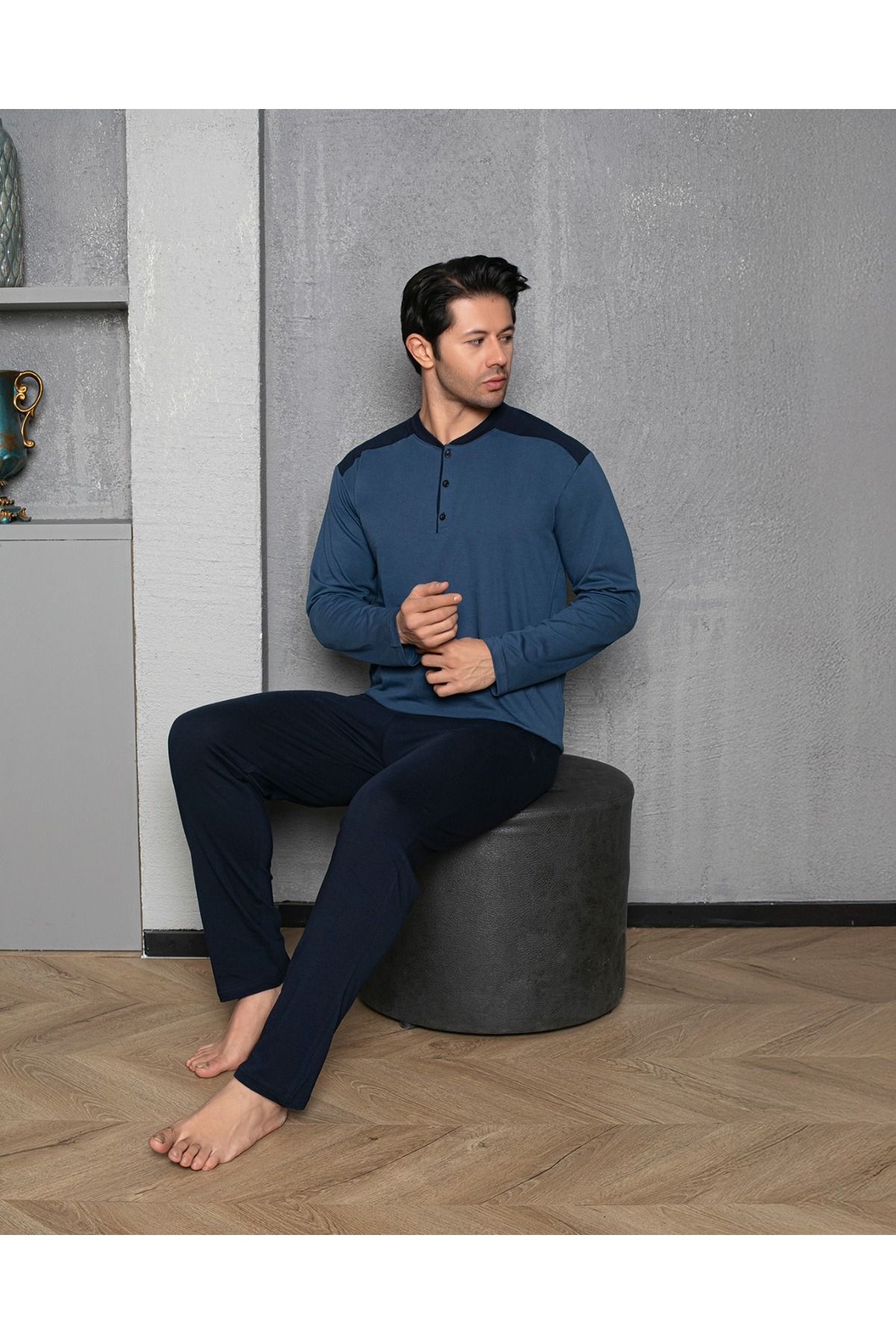 Erkek 4 Mevsim Erkek Pijama Takımı Düğmeli Yaka İNDİGO-M