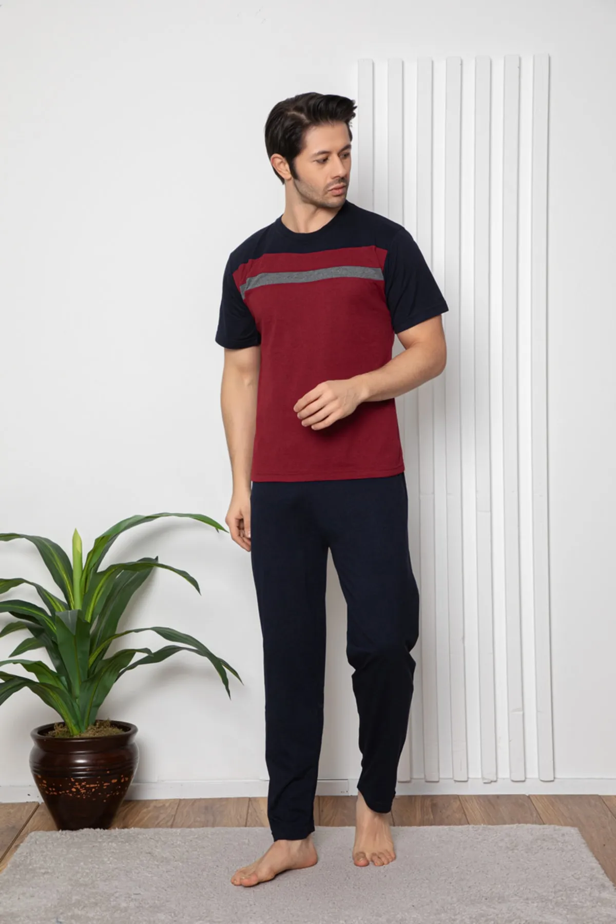Erkek Bordo Parçalı Kısa Kollu Altı Uzun Penye Örme Kumaş Yazlık Pijama Takımı BORDO-M