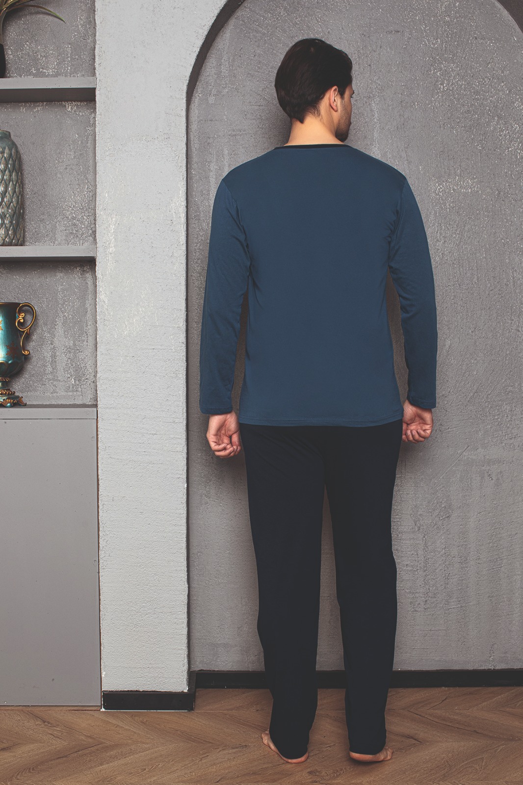 Erkek Cotton Bisiklet Yaka Önü Baskılı Pijama Takımı İNDİGO-M