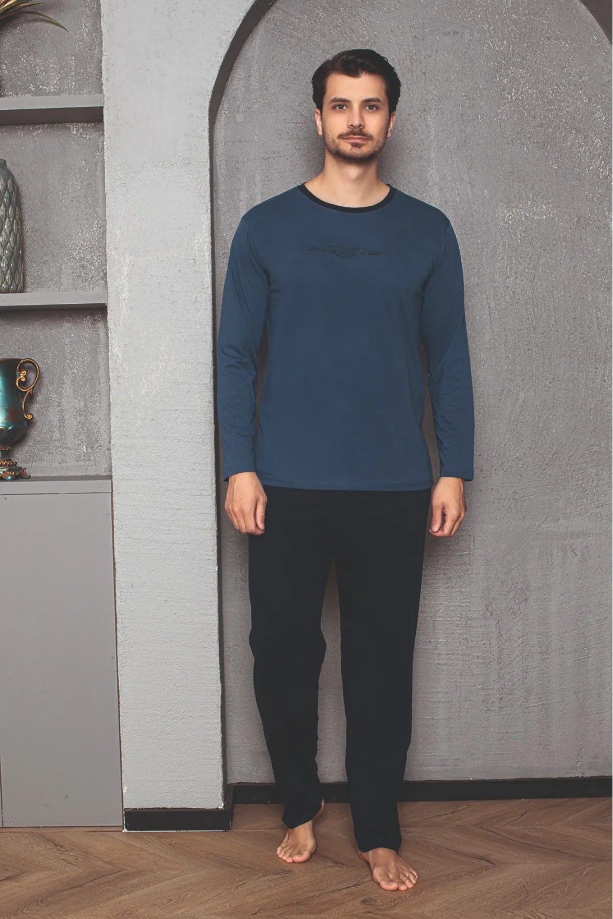 Erkek Cotton Bisiklet Yaka Önü Baskılı Pijama Takımı İNDİGO-XL Erkek Cotton Bisiklet Yaka Önü Baskılı Pijama Takımı İNDİGO-XL