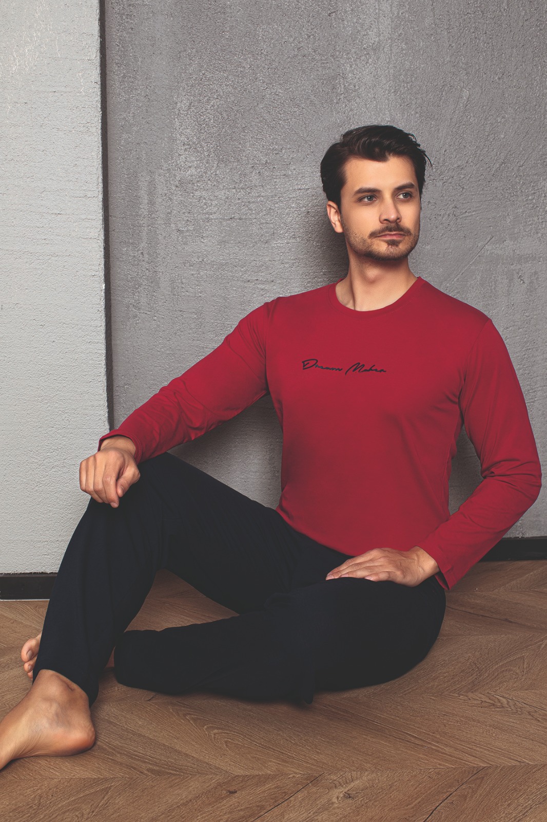 Erkek Cotton Bisiklet Yaka Önü Baskılı Pijama Takımı KIRMIZI-M