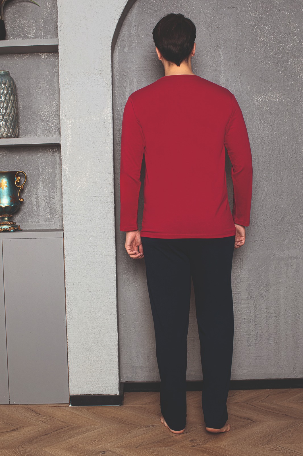 Erkek Cotton Bisiklet Yaka Önü Baskılı Pijama Takımı KIRMIZI-M
