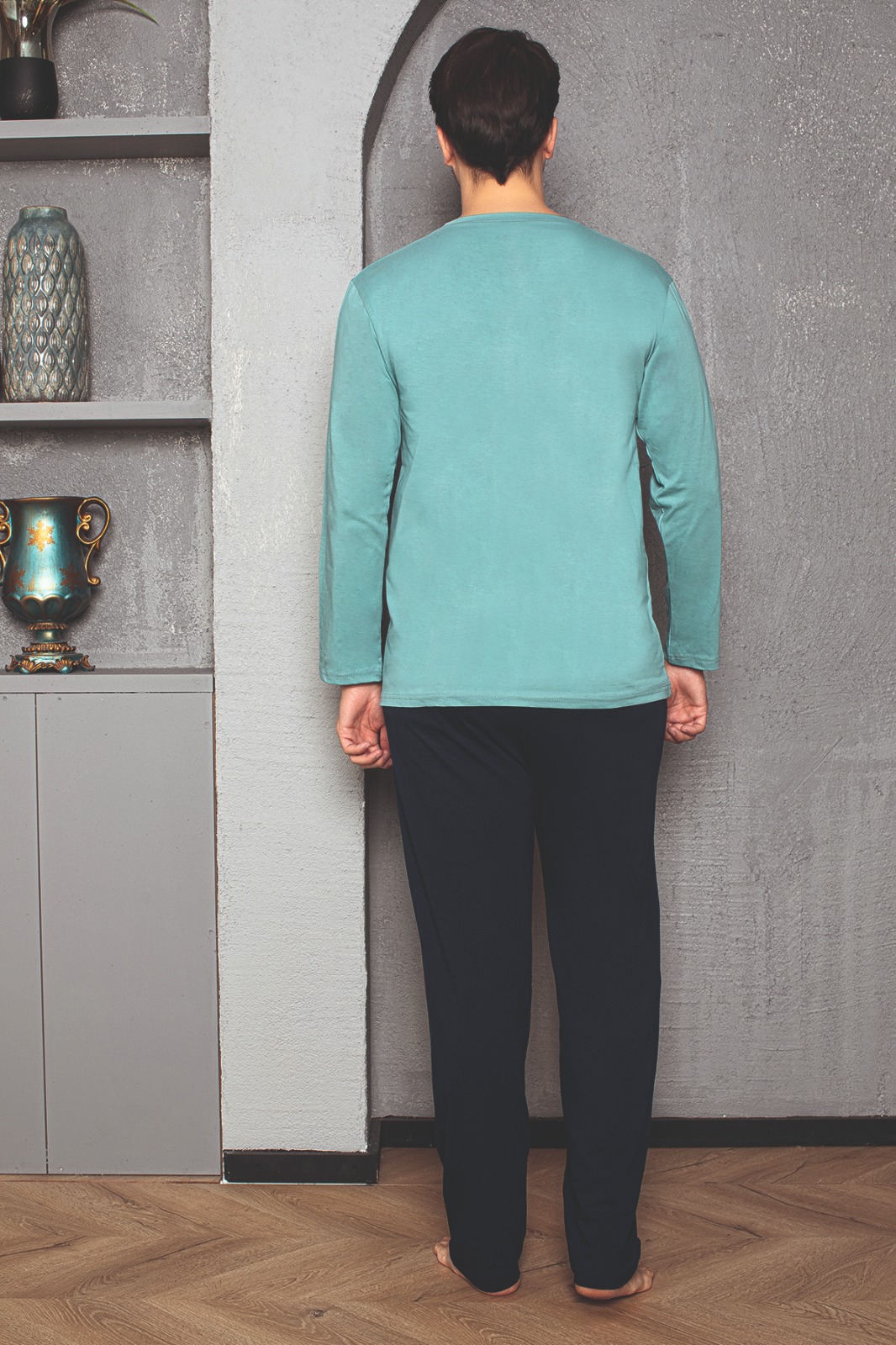 Erkek Cotton Bisiklet Yaka Önü Baskılı Pijama Takımı TURKUAZ-M