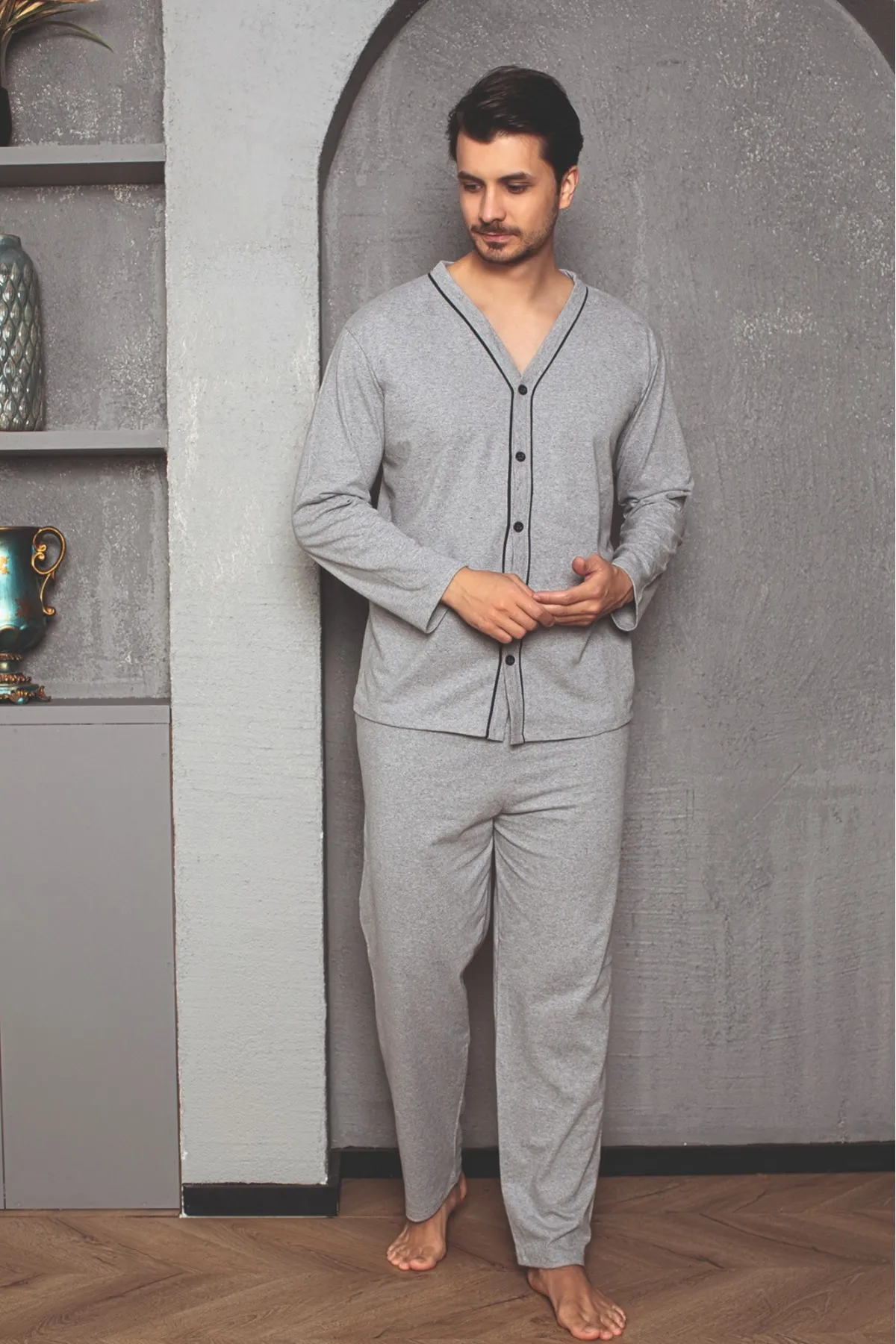 Erkek Gri Melanj Uzun Kollu Önden Düğmeli Süprem Kumaş Örme Pijama Takımı