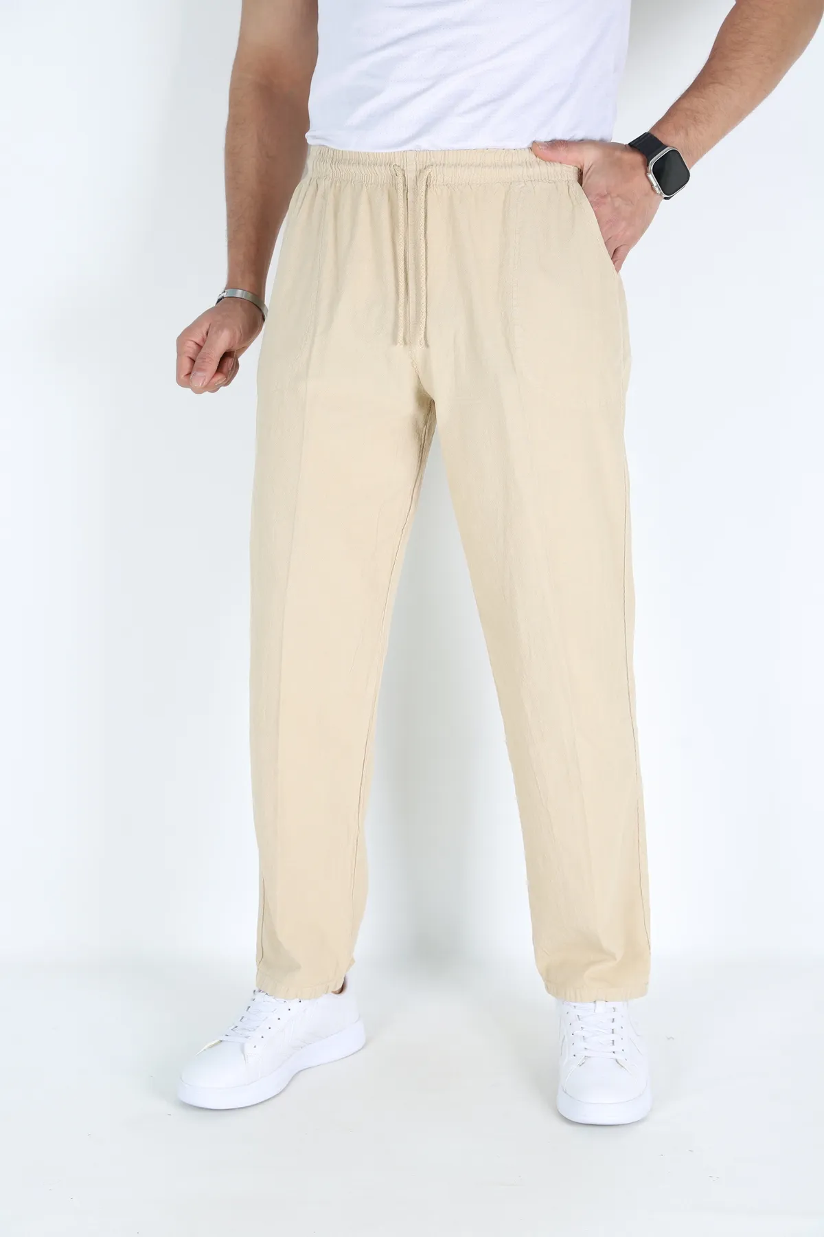 Erkek Hambez Lastikli Rahat Kalıp Pamuk Eşofman Alt Pantalon BEJ-3XL