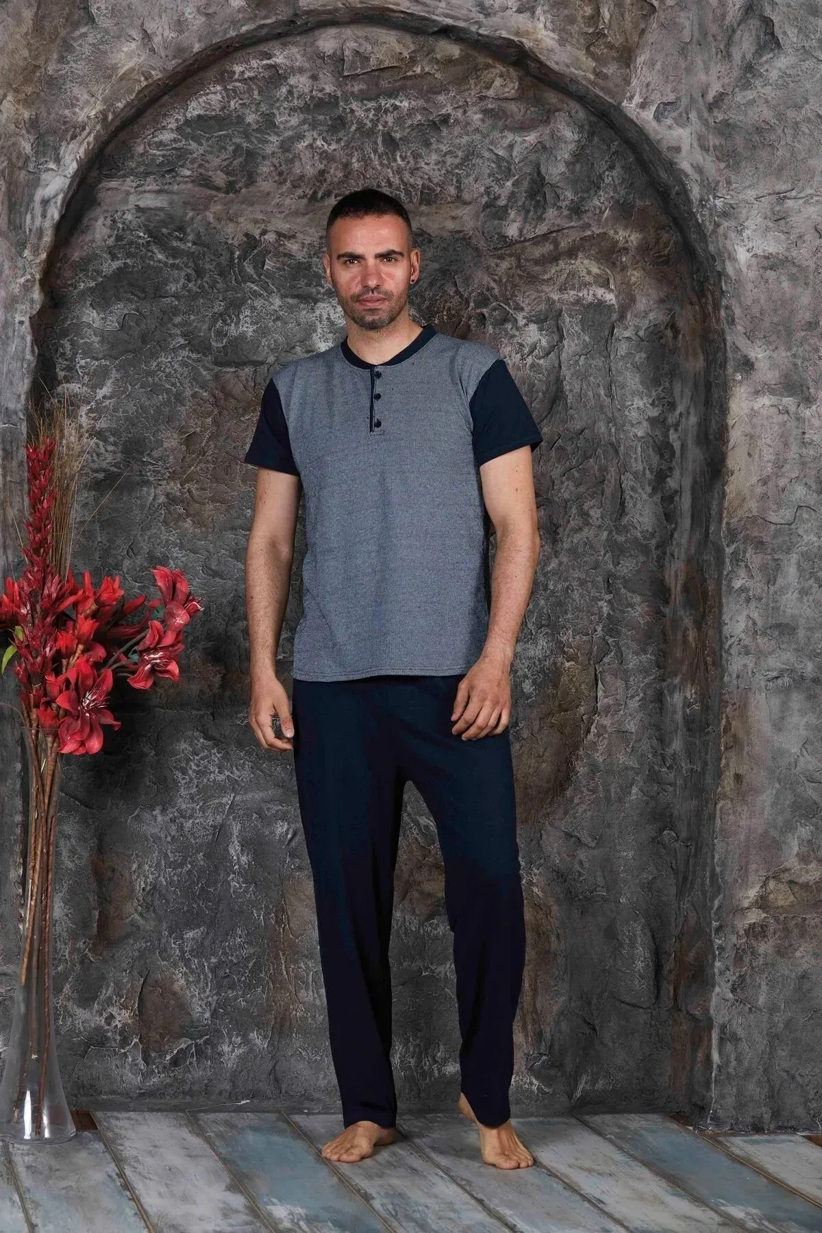 Erkek Parçalı Kısa Kollu Altı Uzun Penye Örme Kumaş Yazlık Pijama Takımı GRİ-M Erkek Parçalı Kısa Kollu Altı Uzun Penye Örme Kumaş Yazlık Pijama Takımı GRİ-M