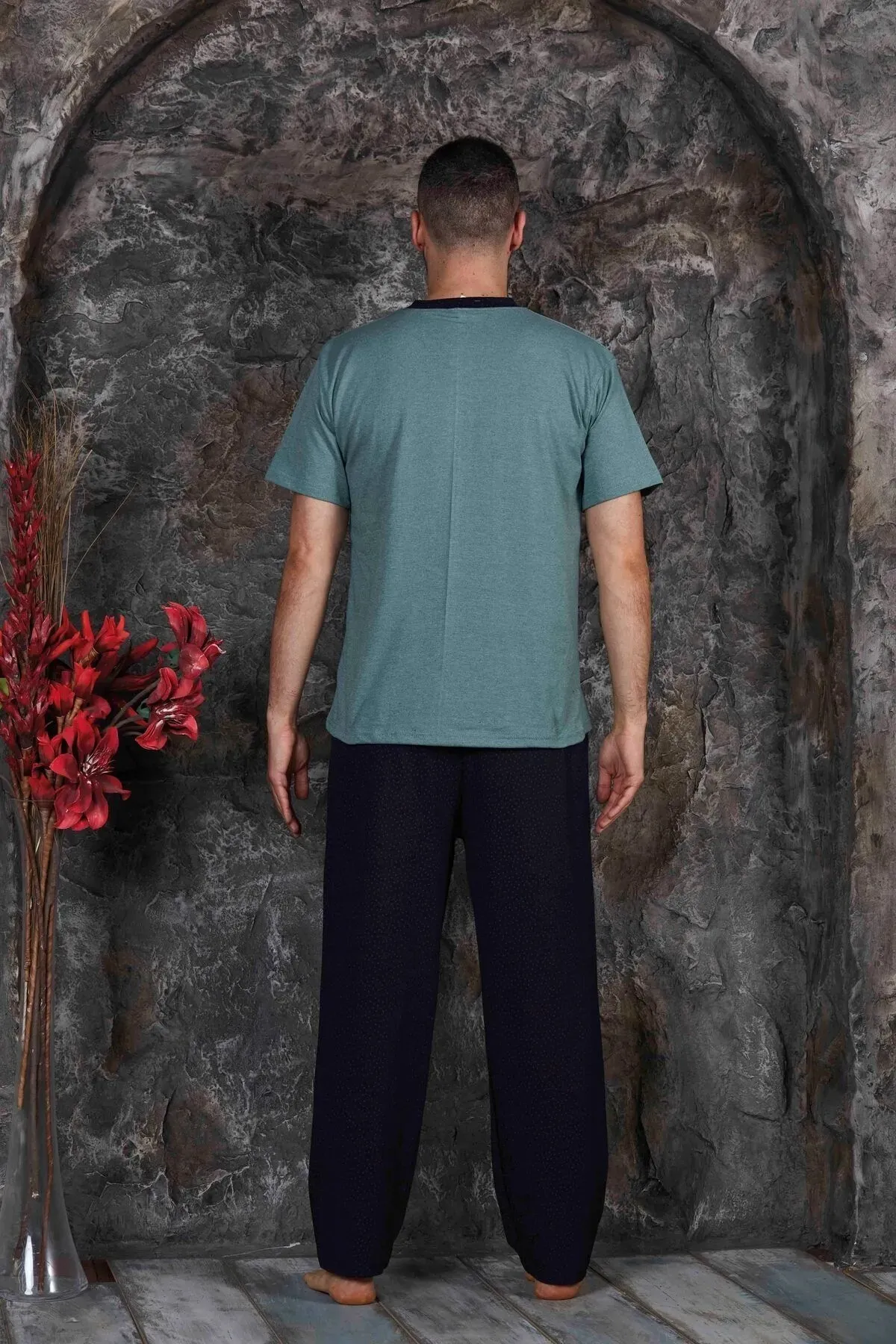 Erkek Parçalı Kısa Kollu Altı Uzun Penye Örme Kumaş Yazlık Pijama Takımı Yeşil-M