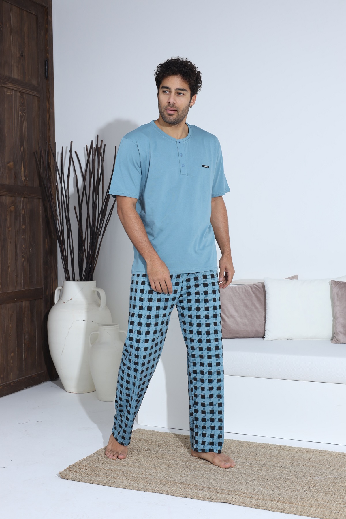 Erkek Penye Süprem Kısa Kol Yazlık Erkek Pijama Takımı MAVİ-M