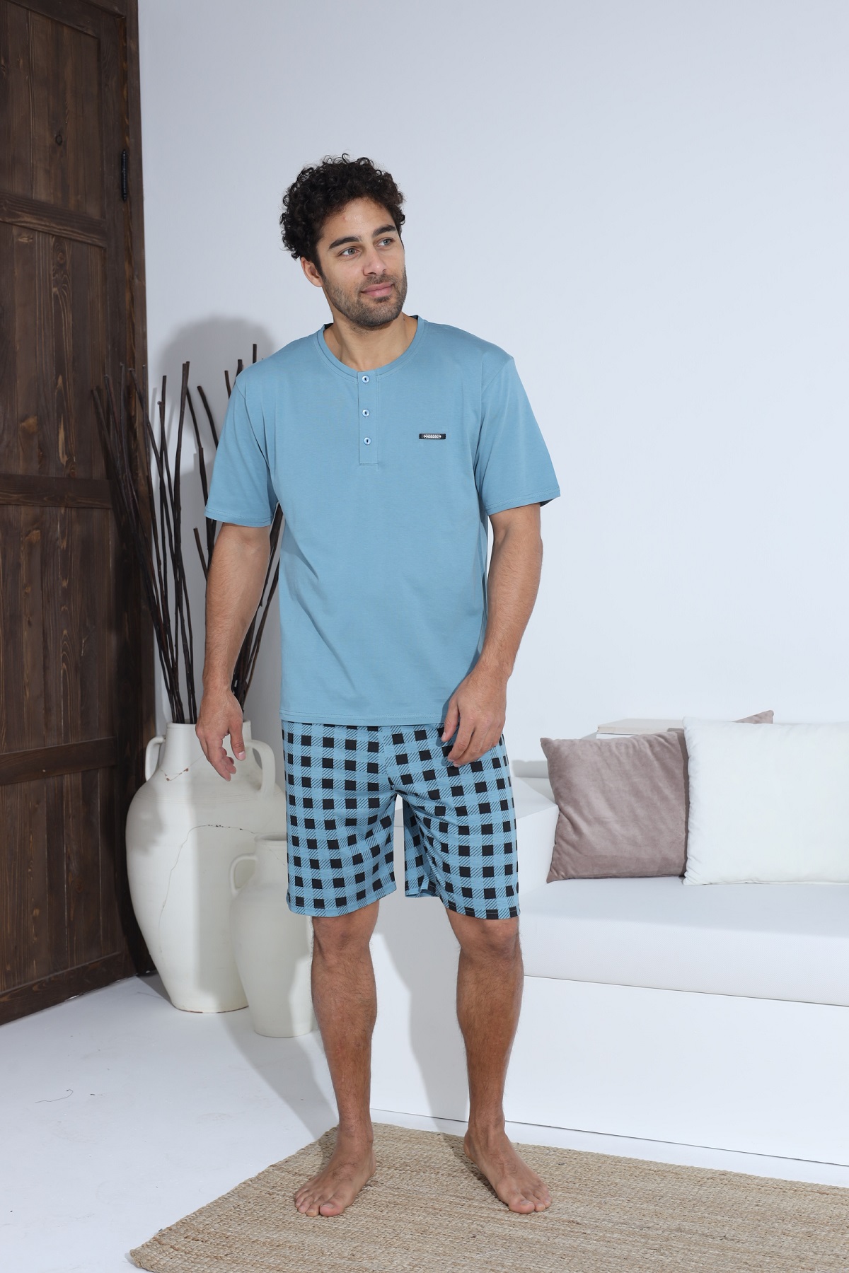 Erkek Penye Süprem Yarım Kol Şortlu Erkek Pijama Takımı AÇIK MAVİ-M