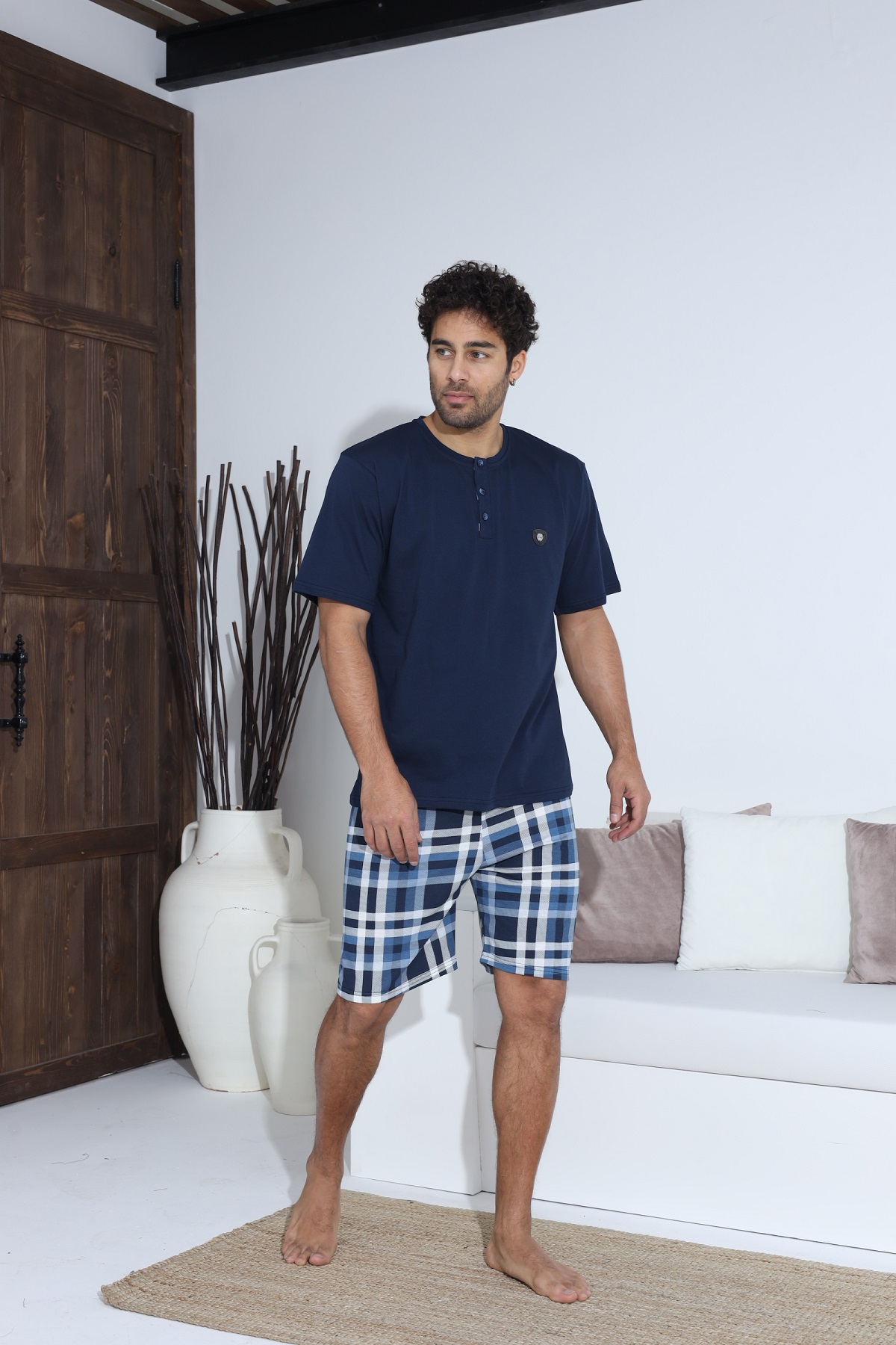 Erkek Penye Süprem Yarım Kol Şortlu Erkek Pijama Takımı LACİVERT-M