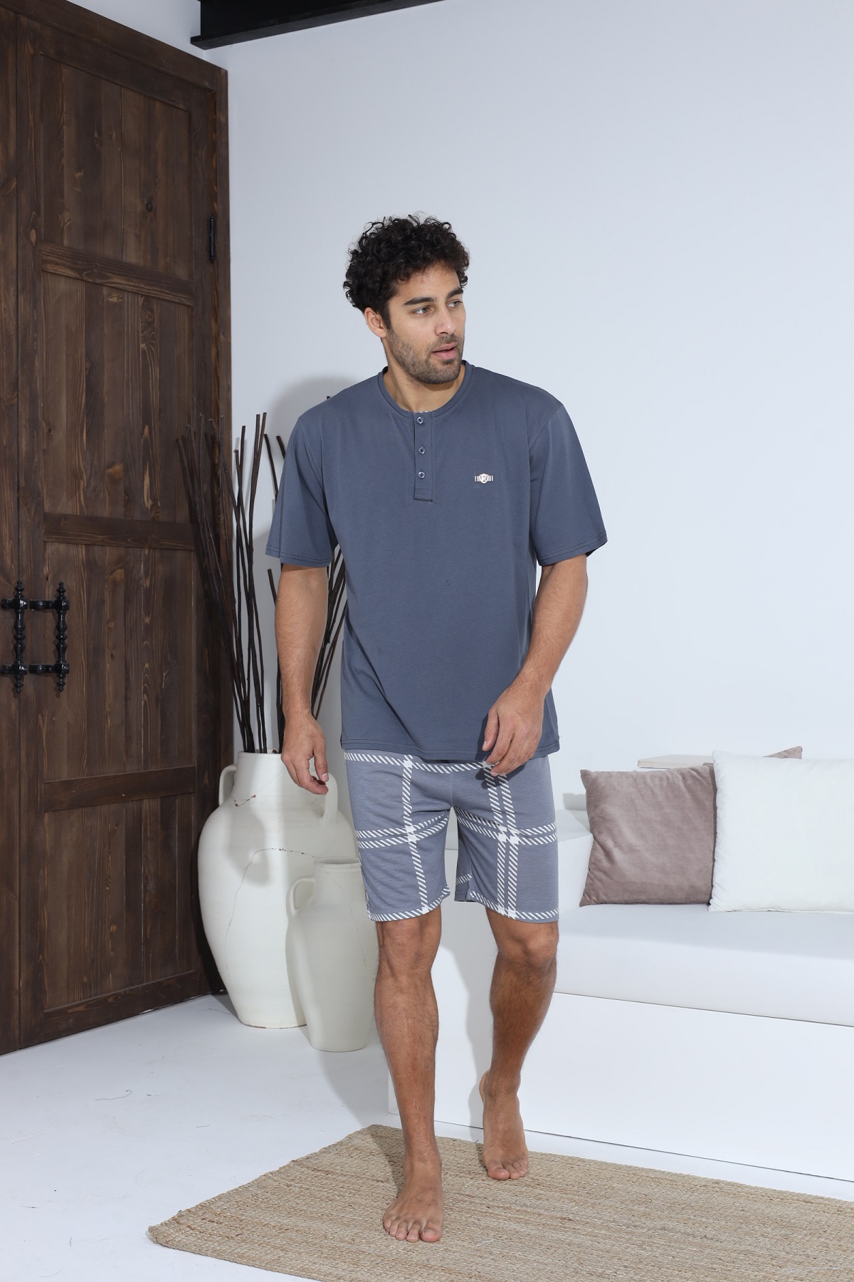 Erkek Penye Süprem Yarım Kol Şortlu Erkek Pijama Takımı MAVİ-M