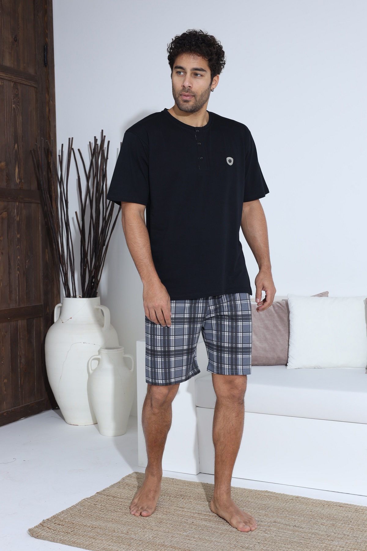 Erkek Penye Süprem Yarım Kol Şortlu Erkek Pijama Takımı SİYAH-2XL