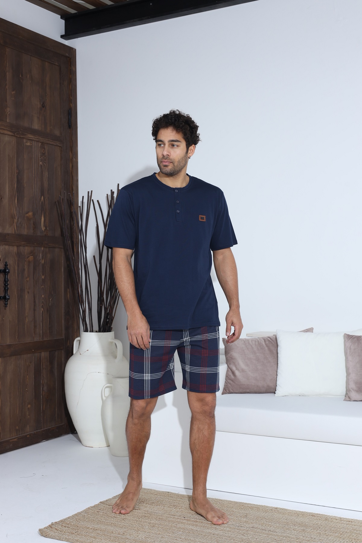 Erkek Penye Süprem Yarım Kol Şortlu Erkek Pijama Takımı LACİVERT-M