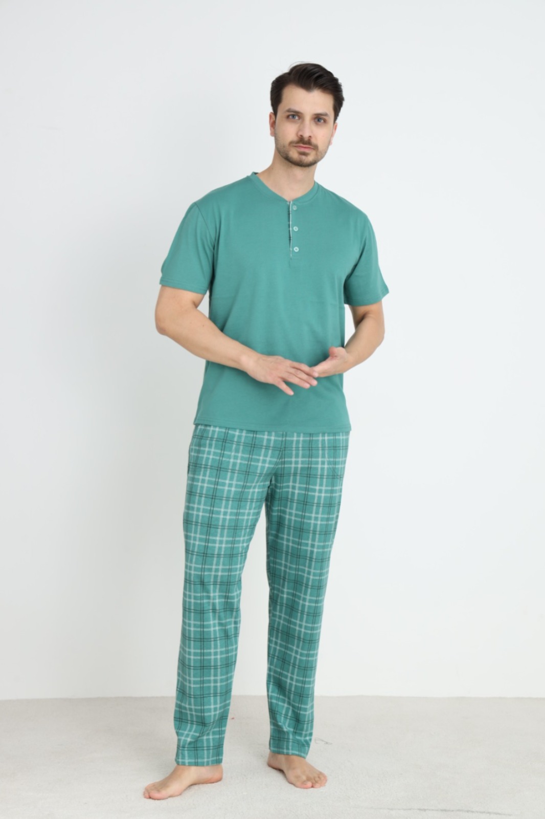 Erkek Sıfır Yaka Düğmeli Kısa Kol Cepli Yazlık Pijama Takımı %100 Pamuk MİNT YEŞİL-XL