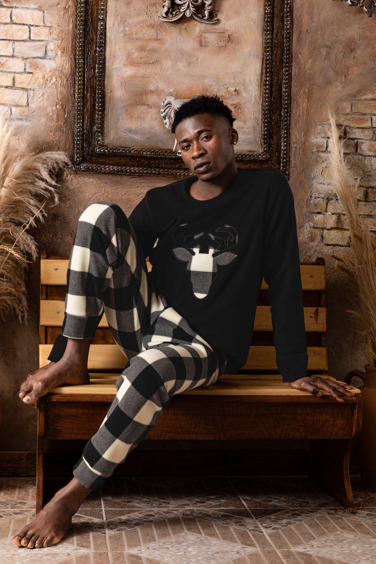 Erkek Sıfır Yaka Polar Pijama Eşofman Takımı SİYAH1-L