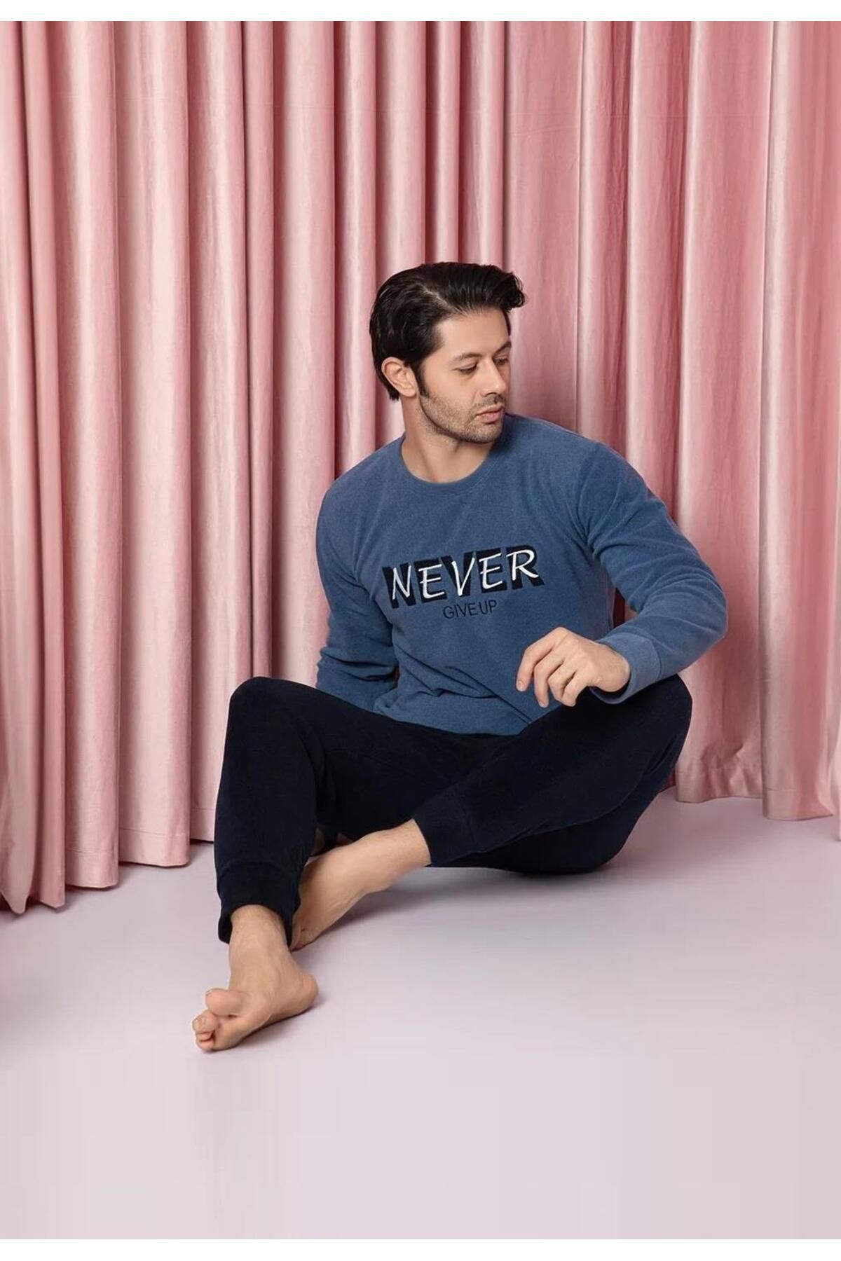 Erkek Sıfır Yaka Polar Pijama Eşofman Takımı