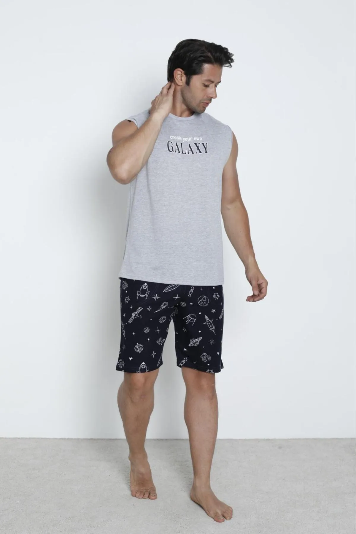 Erkek Şortlu Sıfır Kol Cepli Pijama Takımı %100 Pamuk YENİ SEZON GRİ MELAJ-XL