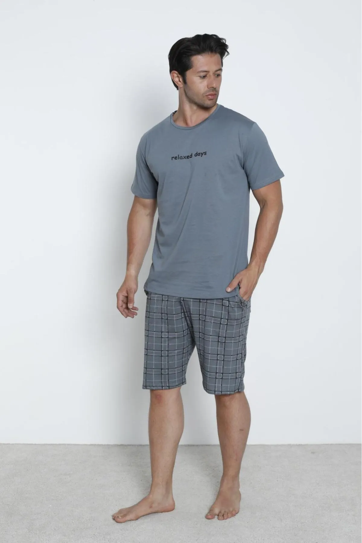 Erkek Şortlu Sıfır Yaka %100 Pamuk Kısa Kol Pijama Takımı Füme-2XL