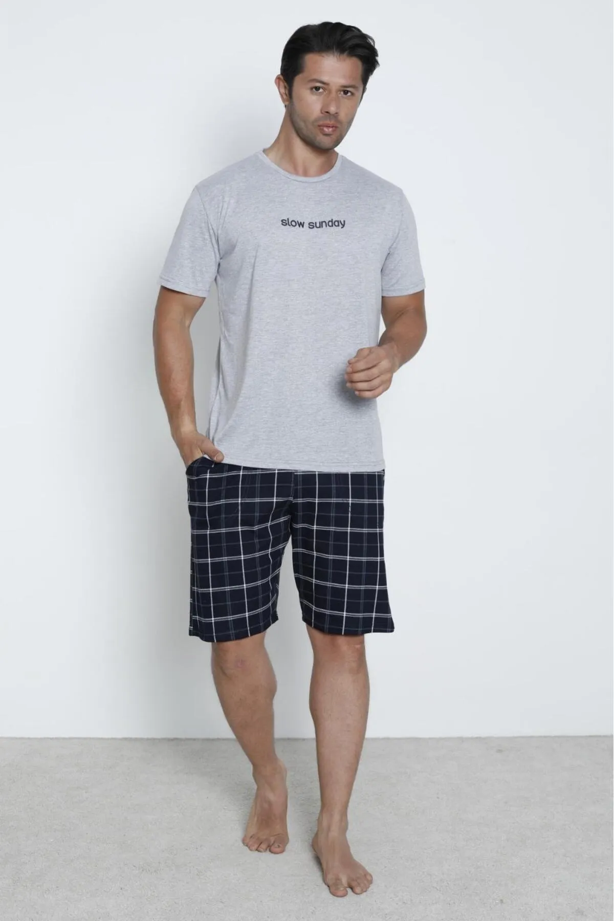 Erkek Şortlu Sıfır Yaka %100 Pamuk Kısa Kol Pijama Takımı GRİ-L