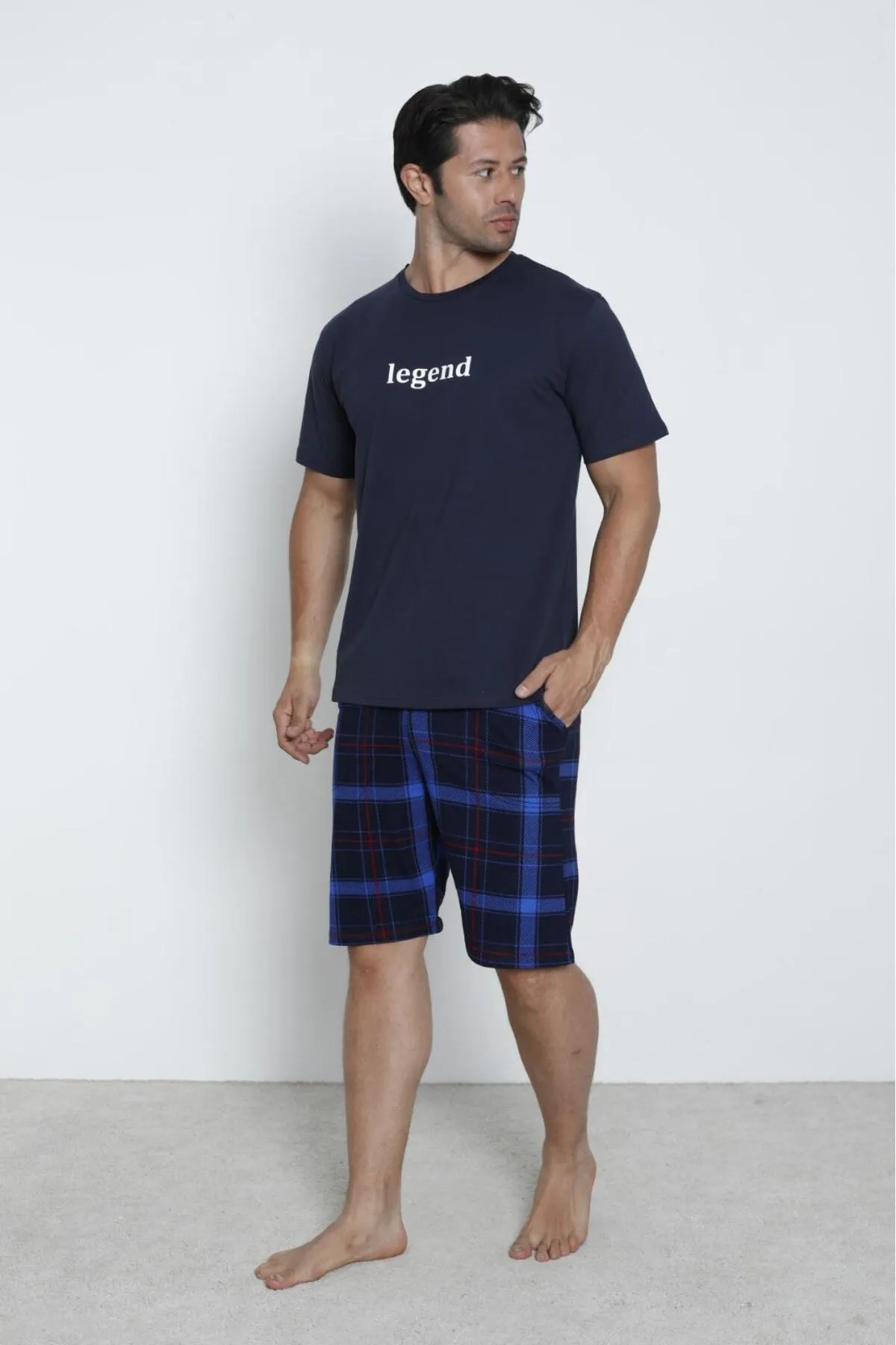 Erkek Şortlu Sıfır Yaka %100 Pamuk Kısa Kol Pijama Takımı LACİVERT-L