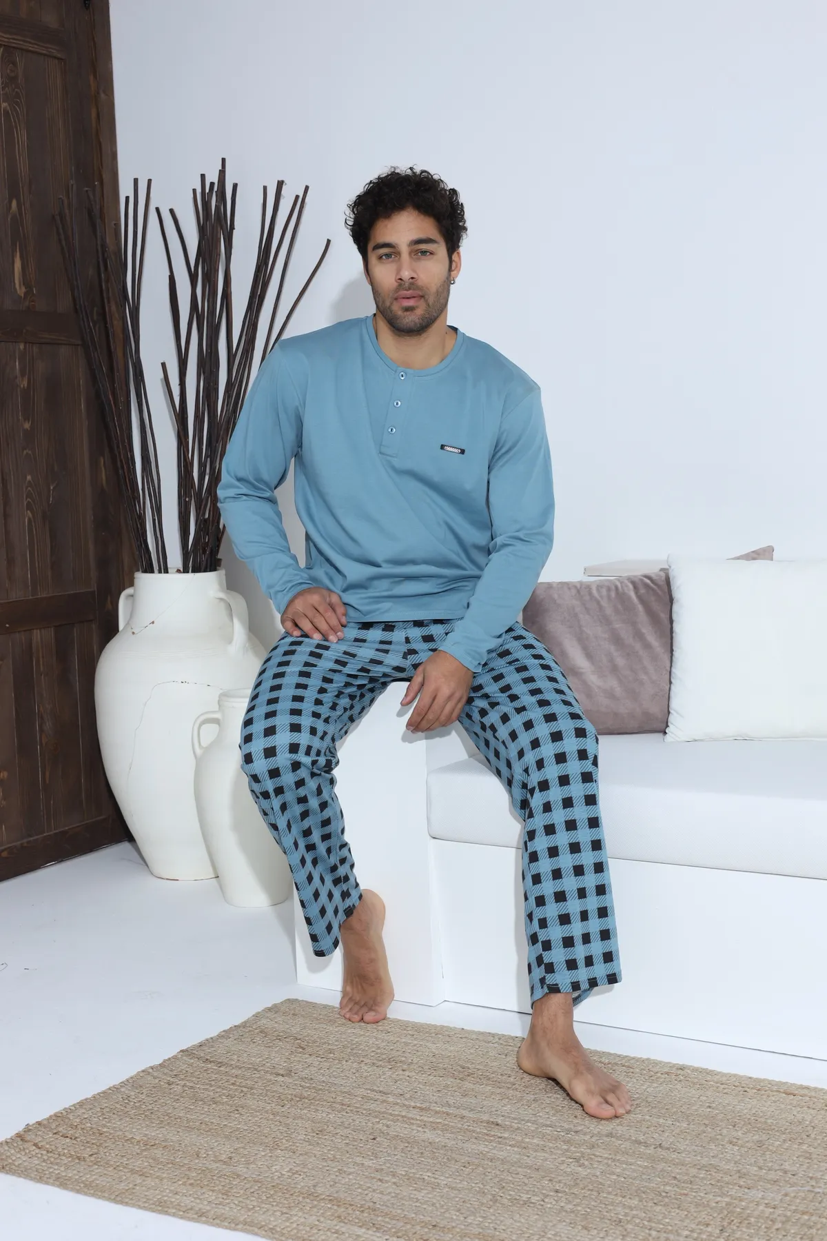 Erkek Uzun Kollu Penye Süprem Pijama Takımı Açık Mavi MAVİ-M