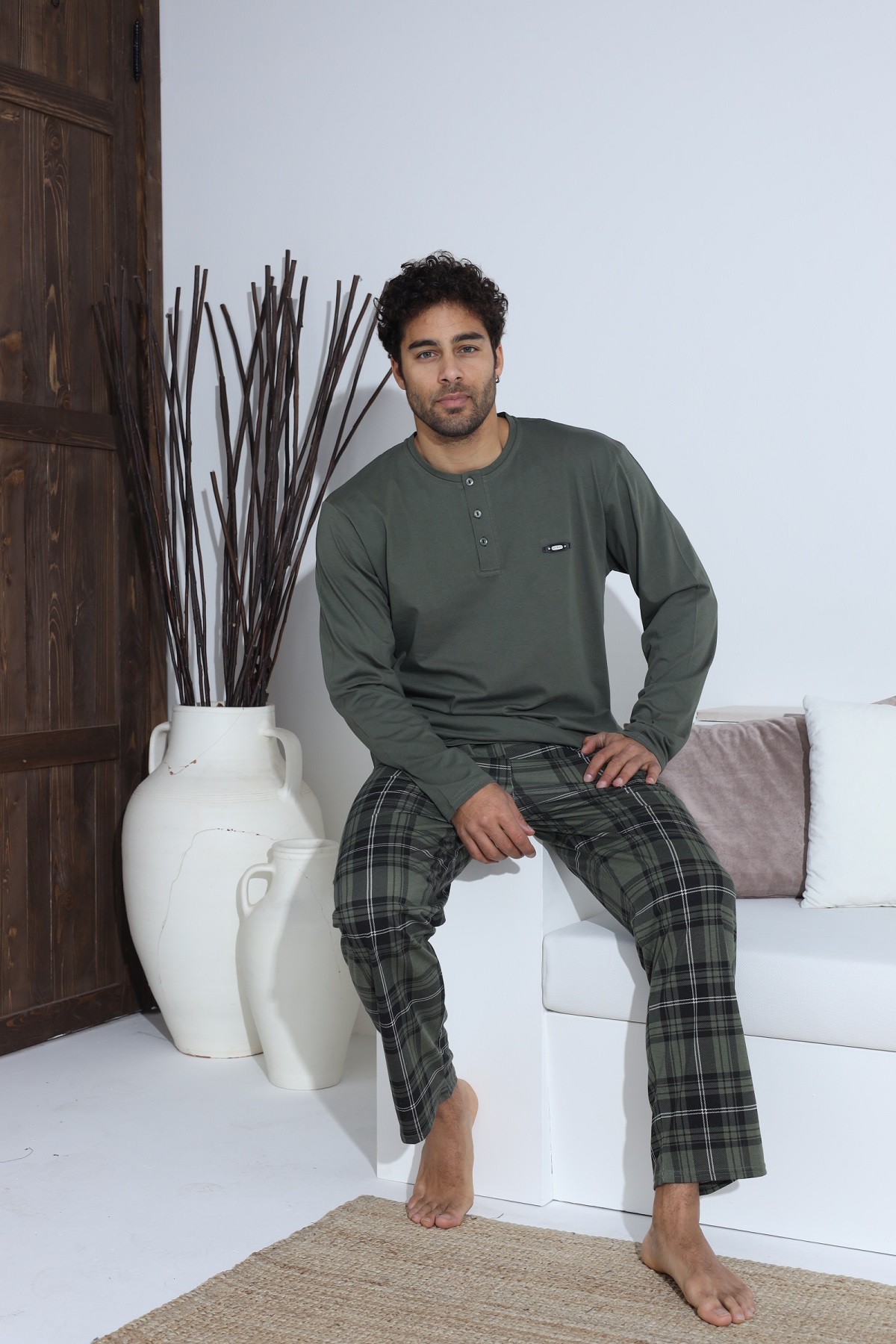 Erkek Uzun Kollu Penye Süprem Pijama Takımı Haki Ekose HAKİ-M
