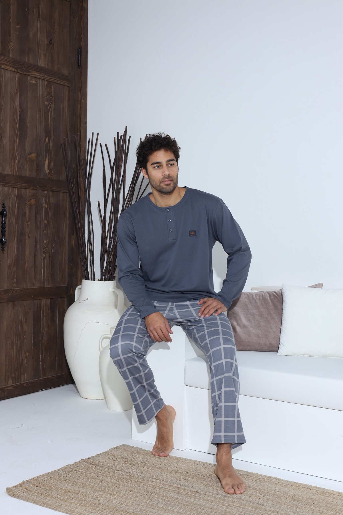 Erkek Uzun Kollu Penye Süprem Pijama Takımı İndigo Mavi MAVİ-M