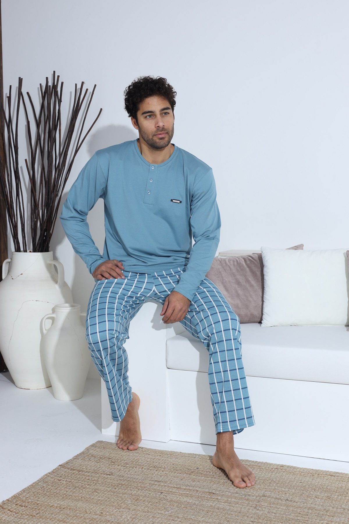 Erkek Uzun Kollu Penye Süprem Pijama Takımı MAVİ-L