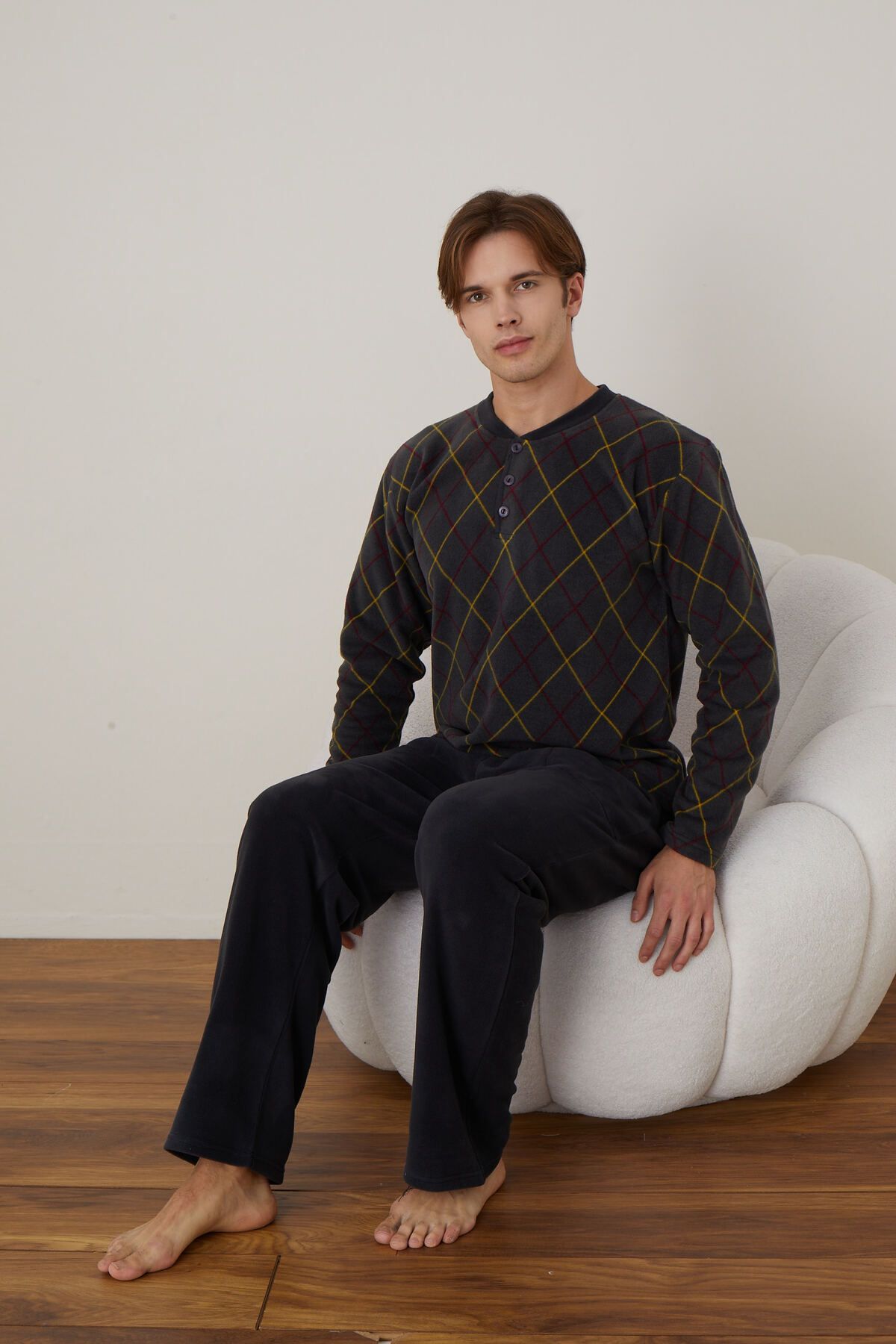 Erkek Uzun Kollu Polar Kışlık Sıcak Tutan Pijama Takımı YENİ SEZON ANTRASİT-L