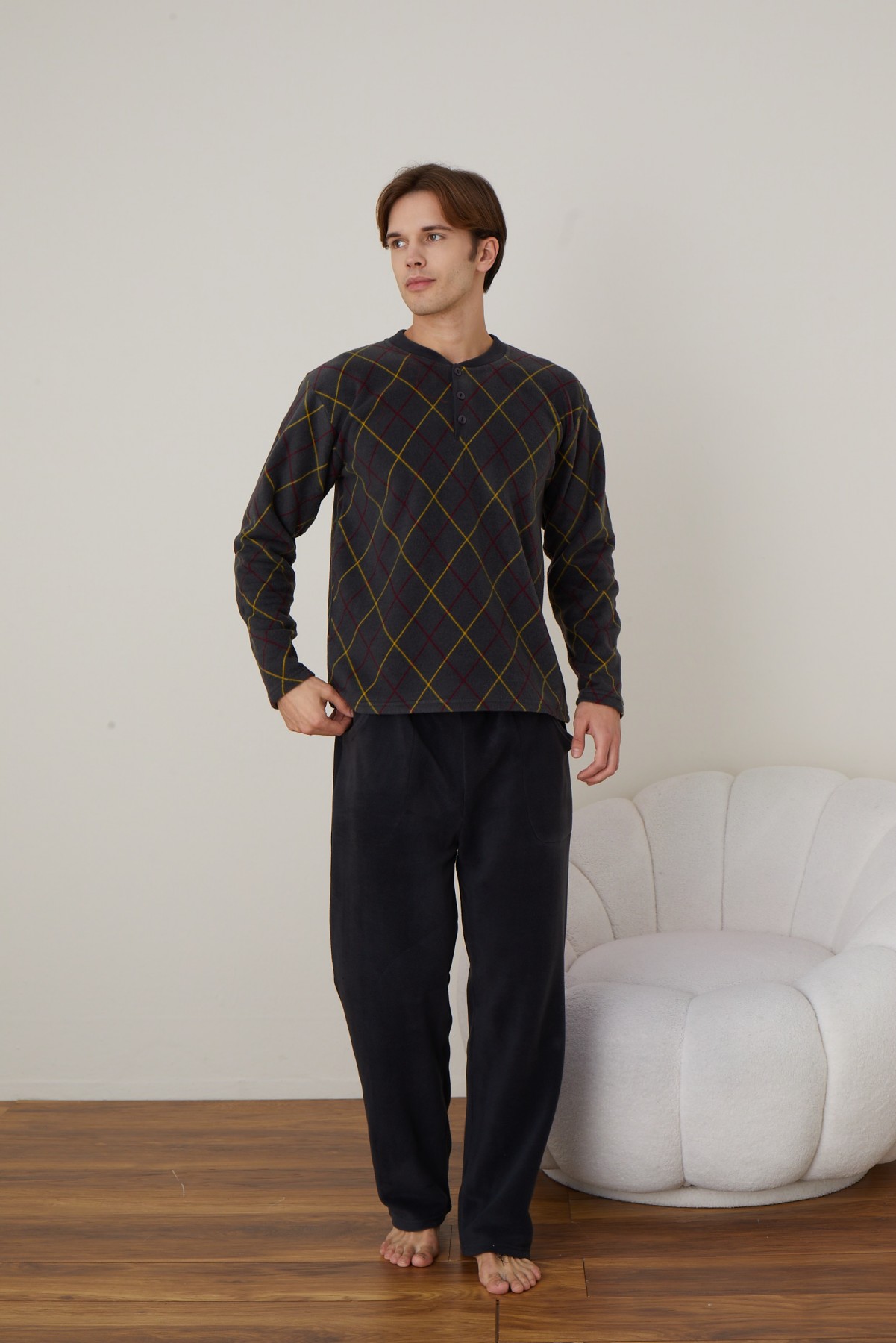 Erkek Uzun Kollu Polar Kışlık Sıcak Tutan Pijama Takımı YENİ SEZON ANTRASİT-M