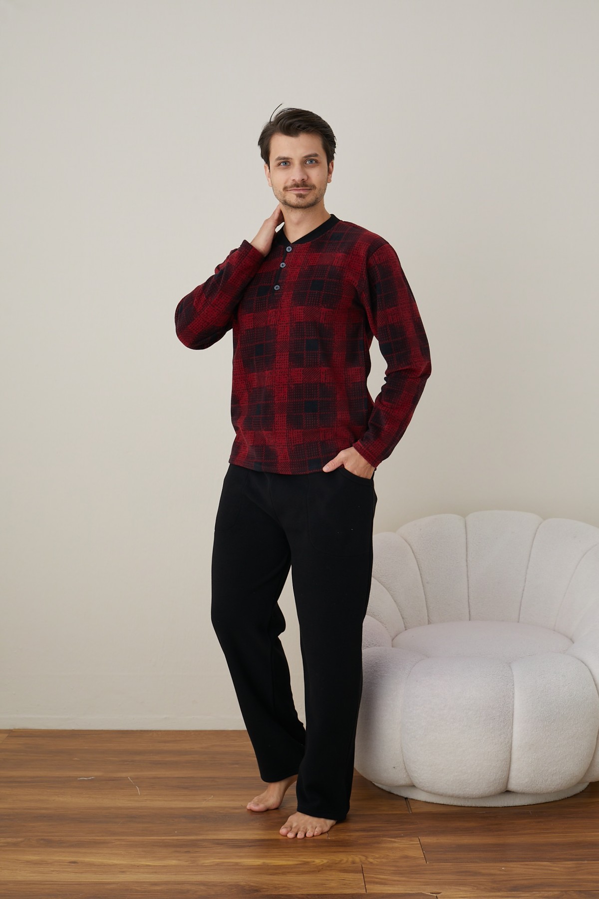 Erkek Uzun Kollu Polar Kışlık Sıcak Tutan Pijama Takımı YENİ SEZON SİYAH-L