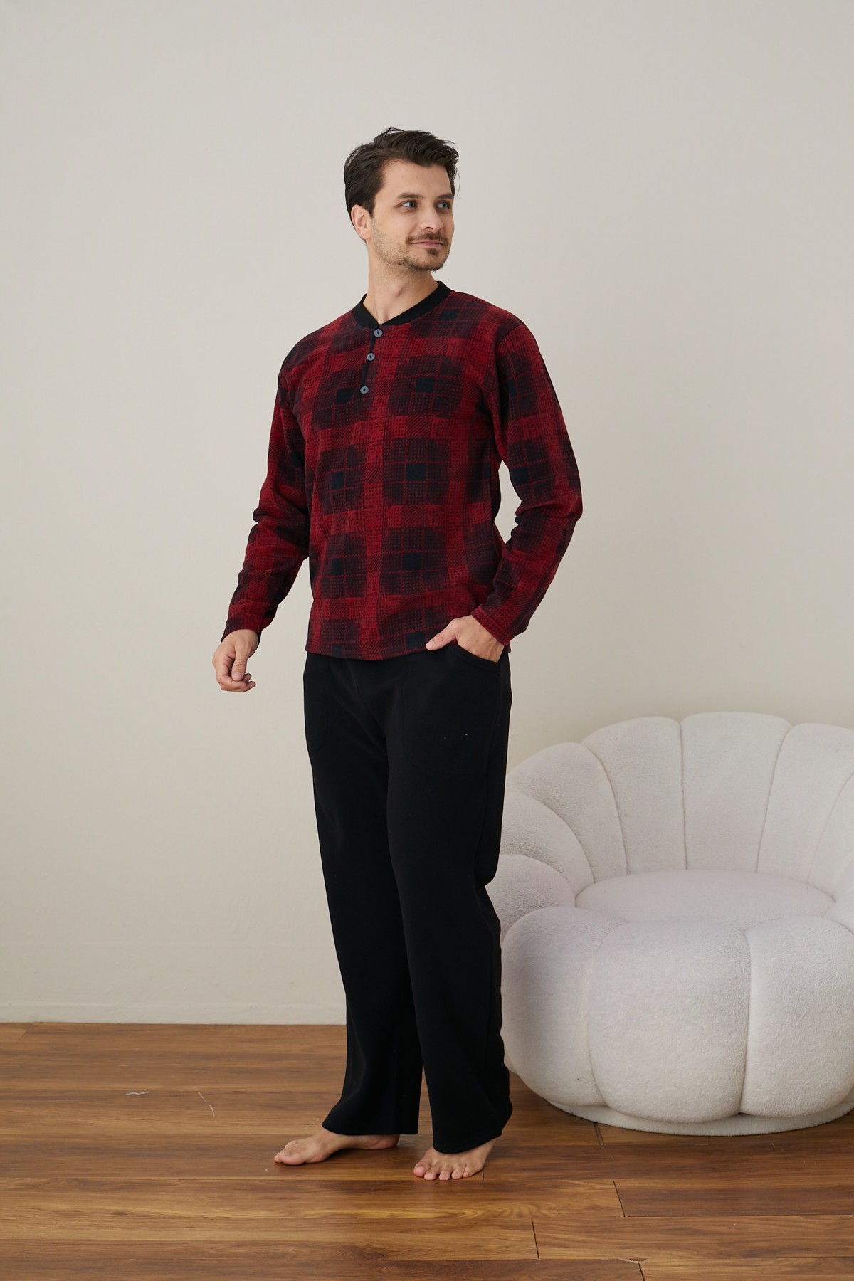 Erkek Uzun Kollu Polar Kışlık Sıcak Tutan Pijama Takımı YENİ SEZON SİYAH-M