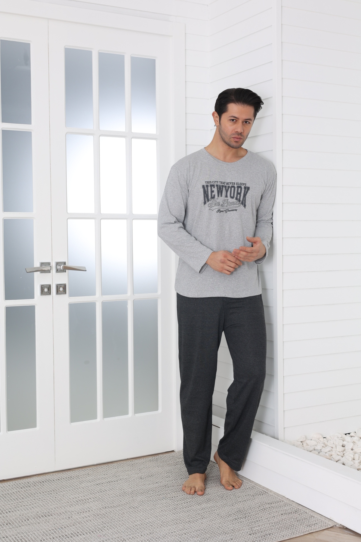 Erkek Uzun Kollu Yazlık Pijama Takımı YENİ SEZON GRİ-L Erkek Uzun Kollu Yazlık Pijama Takımı YENİ SEZON GRİ-L