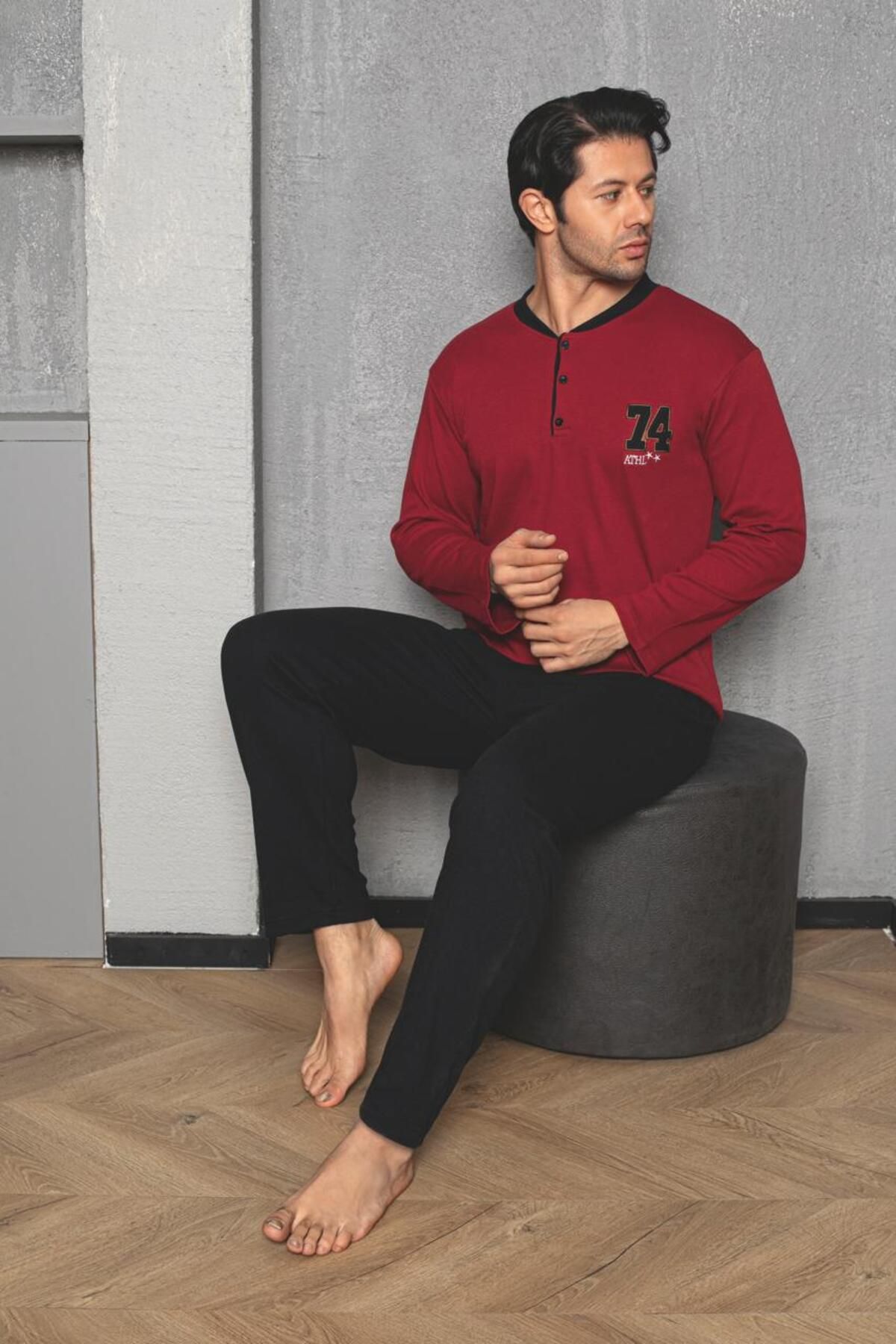 Erkek Yakası Düğmeli İnterlok Pijama Takımı YENİ SEZON BORDO-SİYAH-M