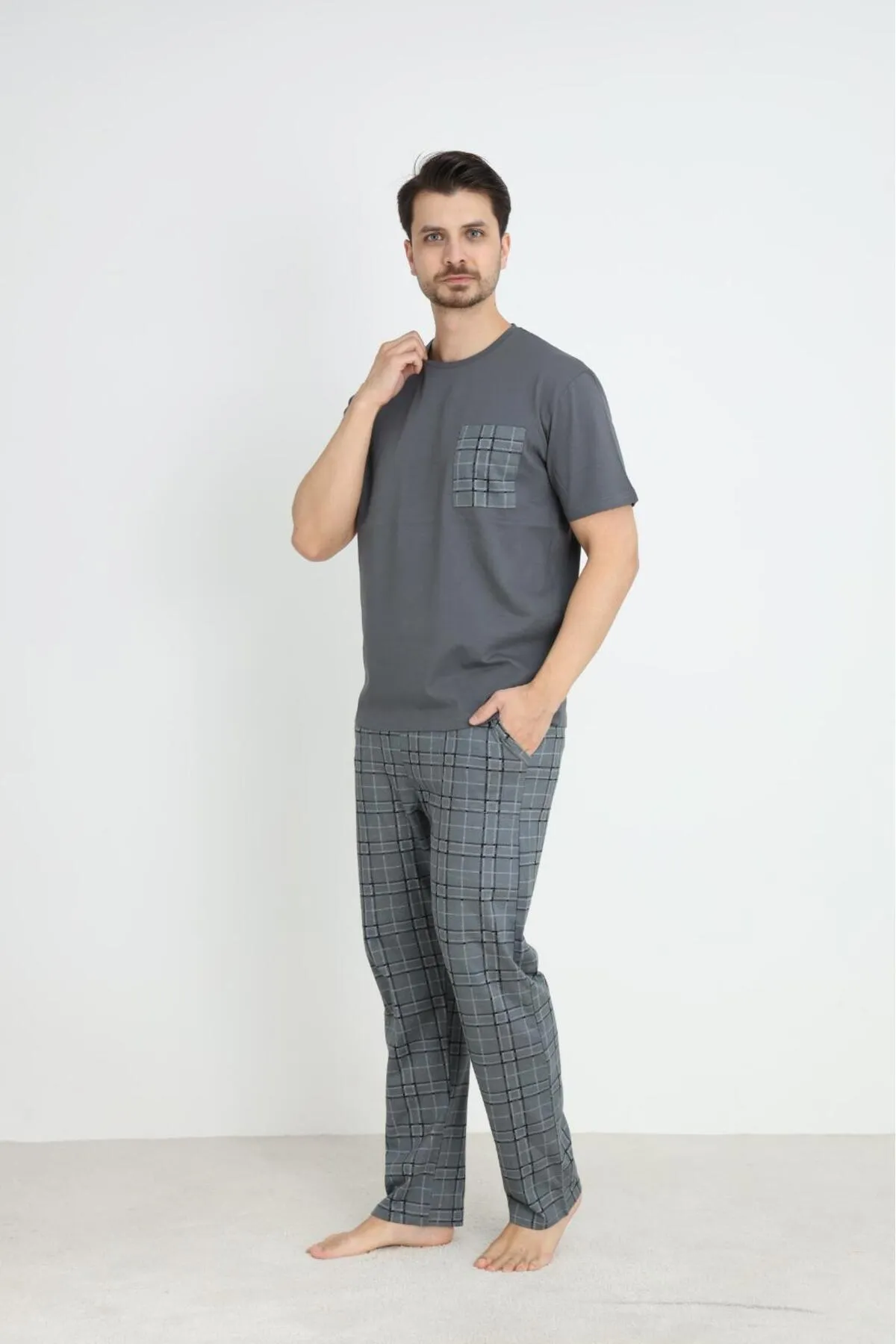 Erkek Yazlık Kısa Kol Cepli Pijama Takımı %100 Pamuk YENİ SEZON Füme-XL
