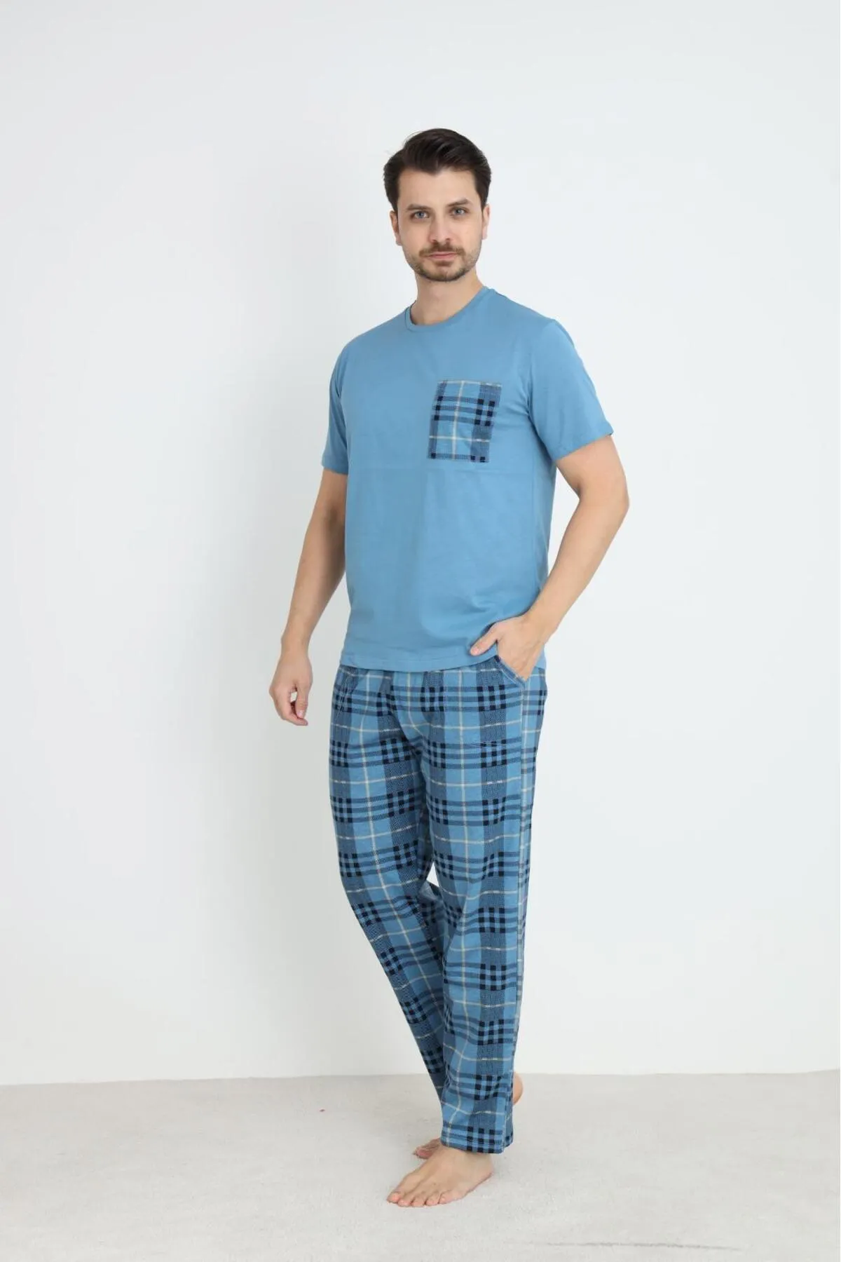 Erkek Yazlık Kısa Kol Cepli Pijama Takımı %100 Pamuk YENİ SEZON MAVİ-XL