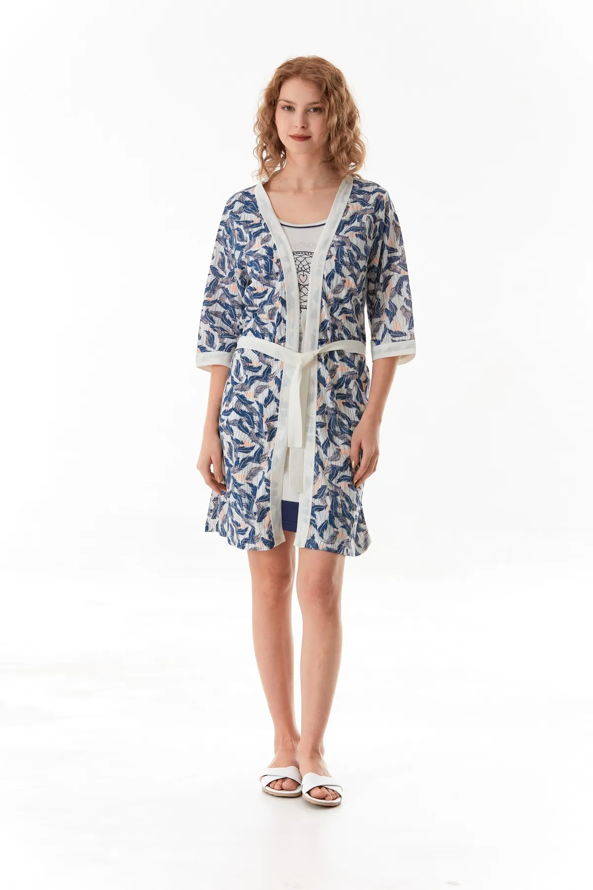 Kadın 2 li Sabahlıklı PenyeElbise Gecelik Takımı EKRU-L Kadın 2 li Sabahlıklı PenyeElbise Gecelik Takımı EKRU-L