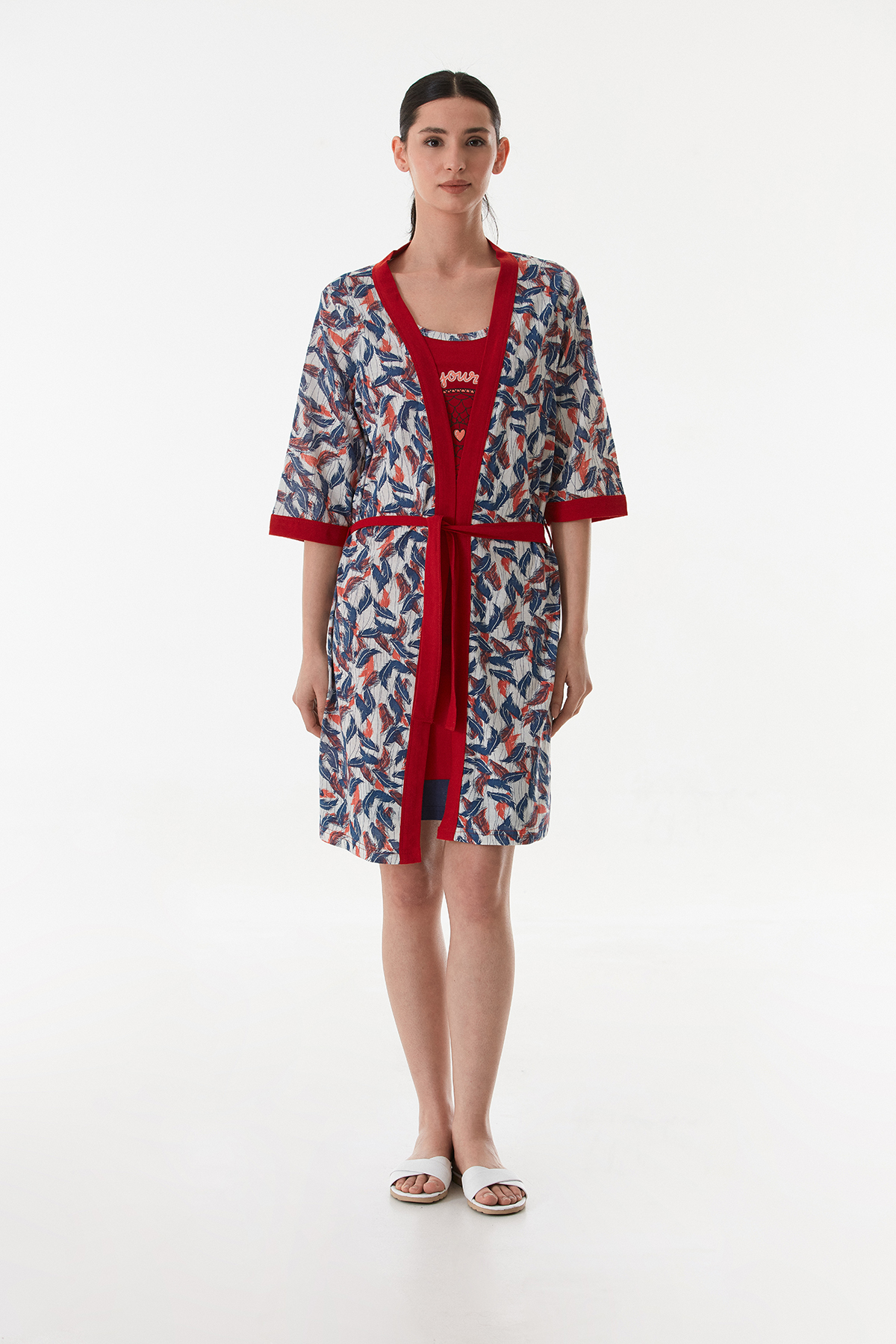 Kadın 2 li Sabahlıklı PenyeElbise Gecelik Takımı KIRMIZI-2XL