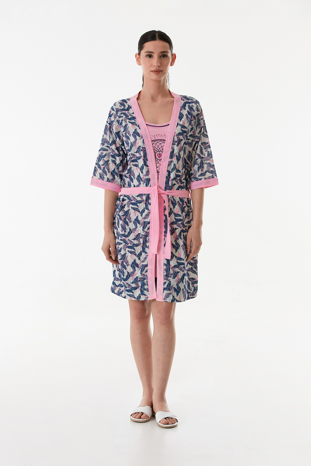 Kadın 2 li Sabahlıklı PenyeElbise Gecelik Takımı PEMBE-2XL Kadın 2 li Sabahlıklı PenyeElbise Gecelik Takımı PEMBE-2XL