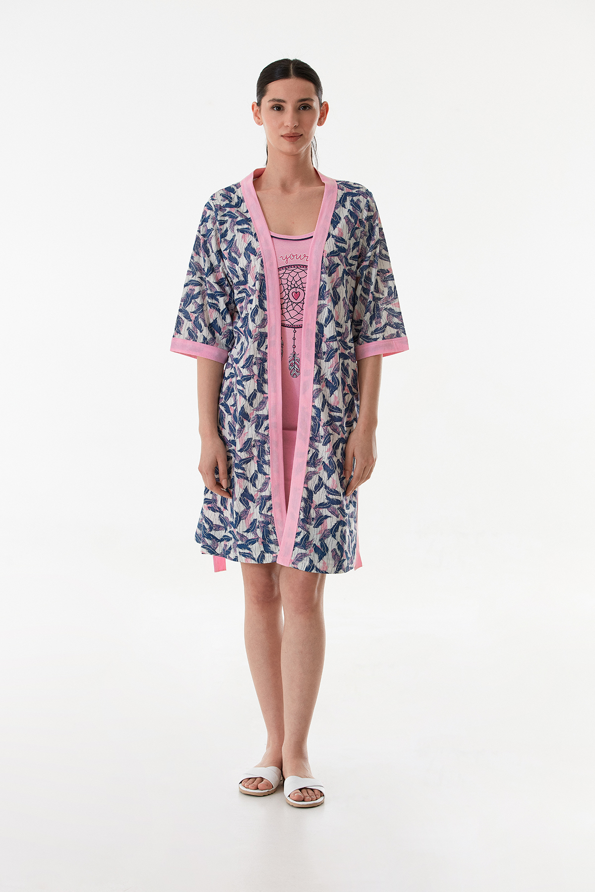 Kadın 2 li Sabahlıklı PenyeElbise Gecelik Takımı PEMBE-XL Kadın 2 li Sabahlıklı PenyeElbise Gecelik Takımı PEMBE-XL