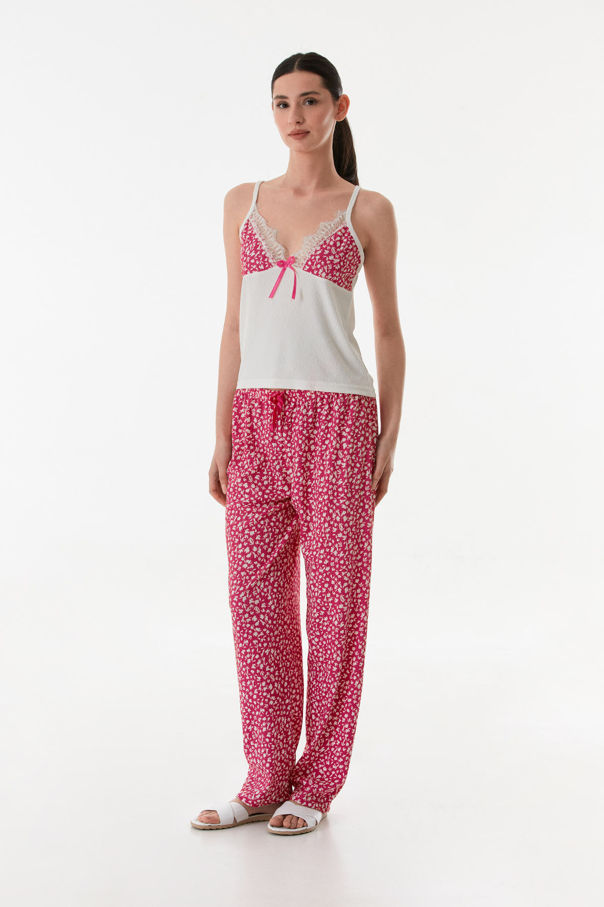 Kadın 3 lü Sabahlıklı Yazlık Kırınkıl Kumaş Pijama Gecelik Takımı Seti FUŞYA-XL