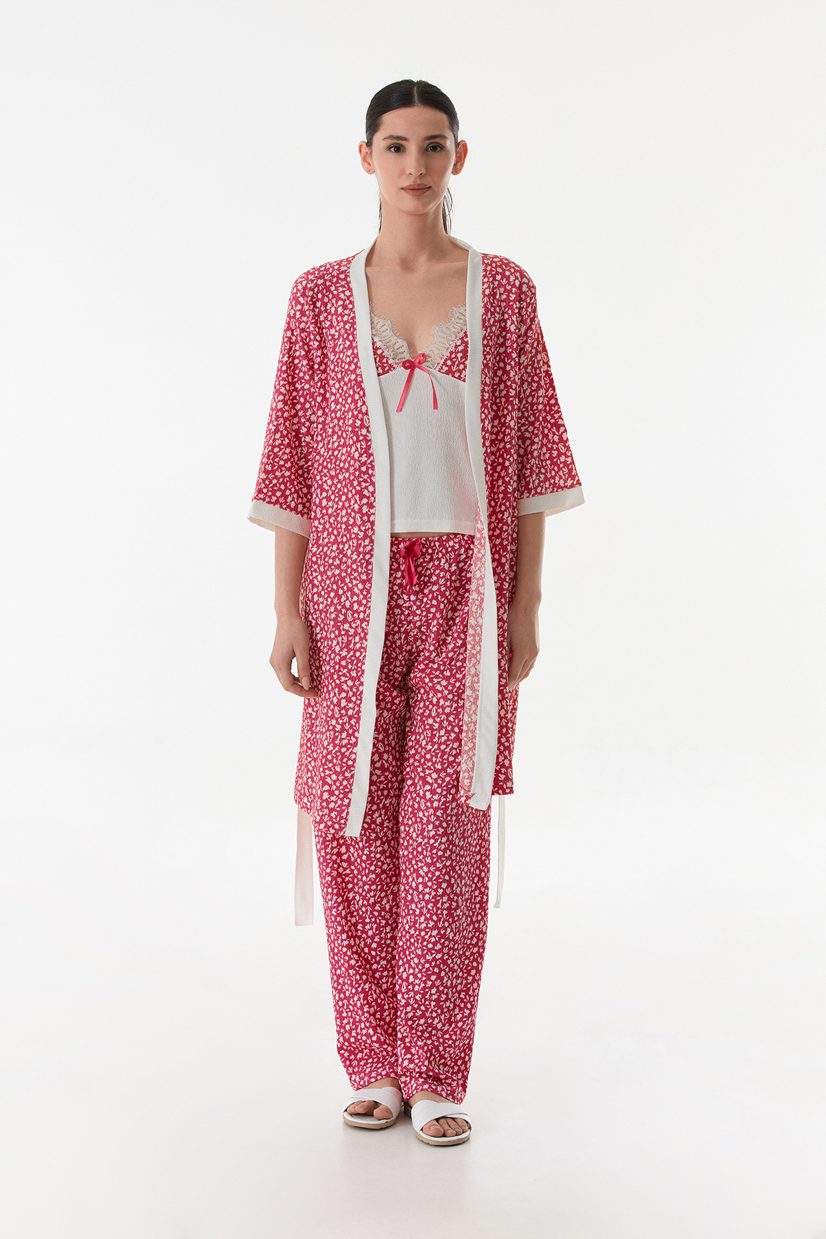 Kadın 3 lü Sabahlıklı Yazlık Kırınkıl Kumaş Pijama Gecelik Takımı Seti FUŞYA-XL