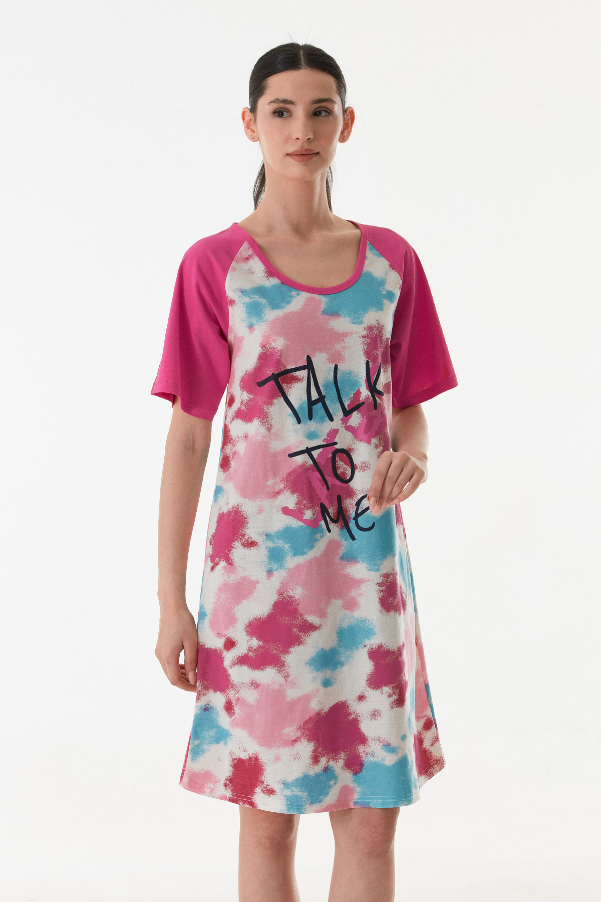 Kadın Batik Baskılı Yarım Kol Boydan Elbise Gecelik Pamuklu Kumaş FUŞYA-XL