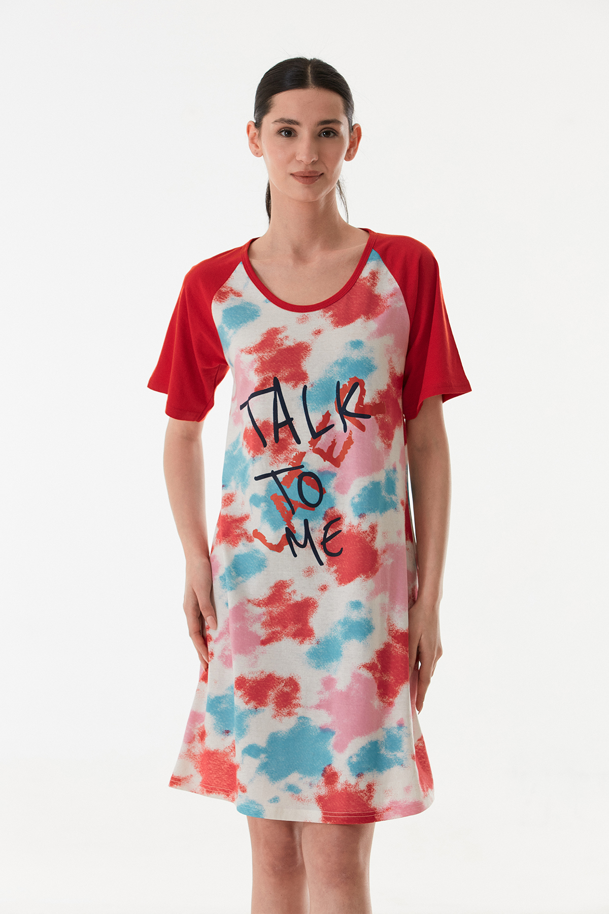 Kadın Batik Baskılı Yarım Kol Boydan Elbise Gecelik Pamuklu Kumaş KIRMIZI-L