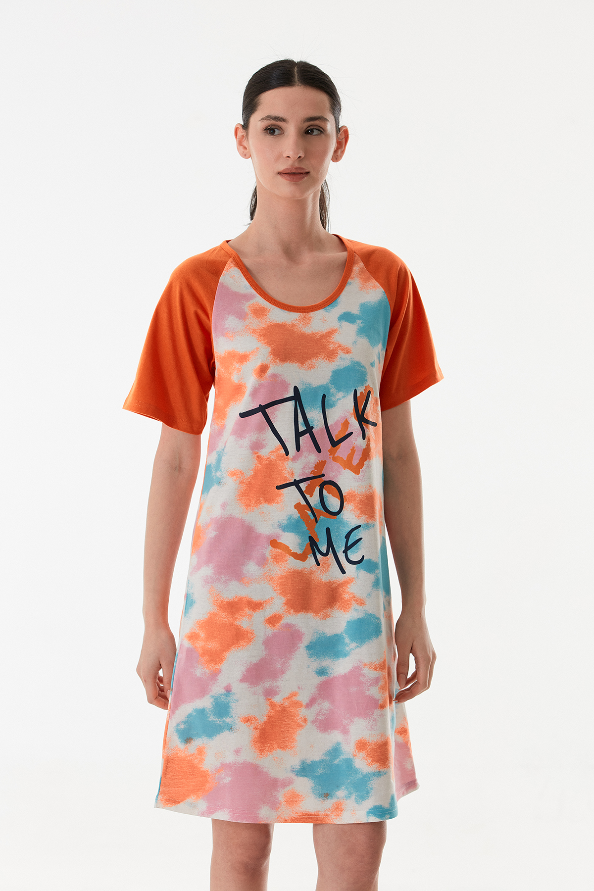 Kadın Batik Baskılı Yarım Kol Boydan Elbise Gecelik Pamuklu Kumaş TURUNCU-2XL Kadın Batik Baskılı Yarım Kol Boydan Elbise Gecelik Pamuklu Kumaş TURUNCU-2XL