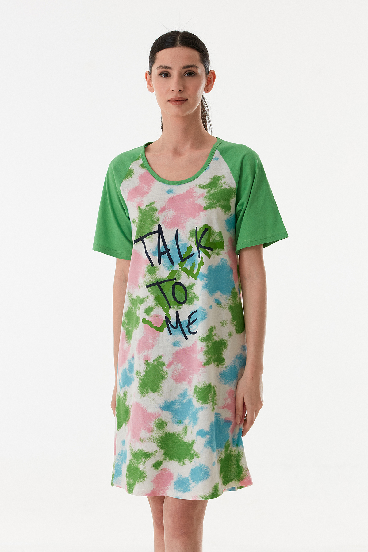 Kadın Batik Baskılı Yarım Kol Boydan Elbise Gecelik Pamuklu Kumaş Yeşil-2XL